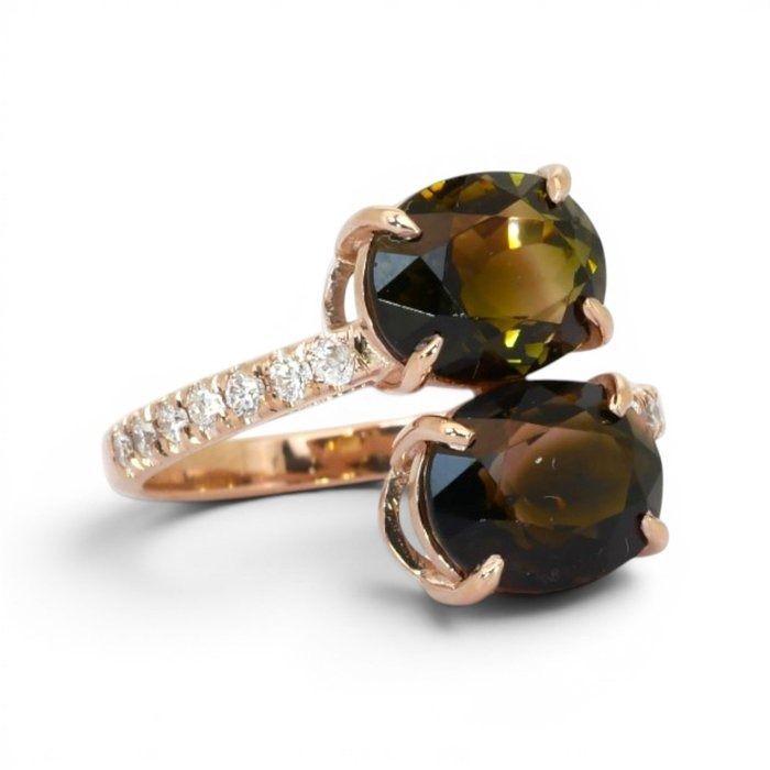 5.48 Carats IGI Certified Natural Diamonds and Tourmaline 14k Rose Gold Ring