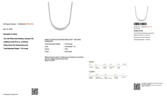 7.03 Carats IGI Certified Natural Diamond 18K White Gold Necklace