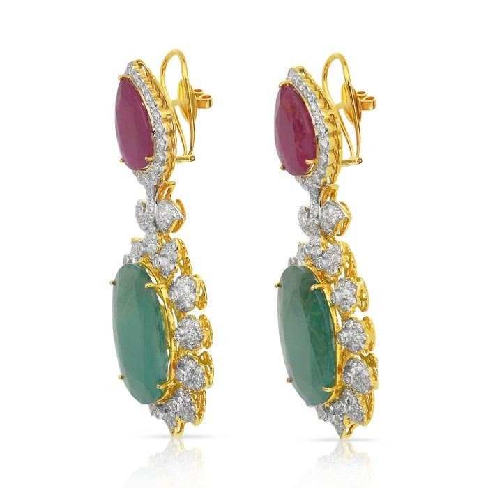 Beautiful 72.60ct Diamonds, Emeralds, and Rubies Drop Earrings in 18k Yellow Gold