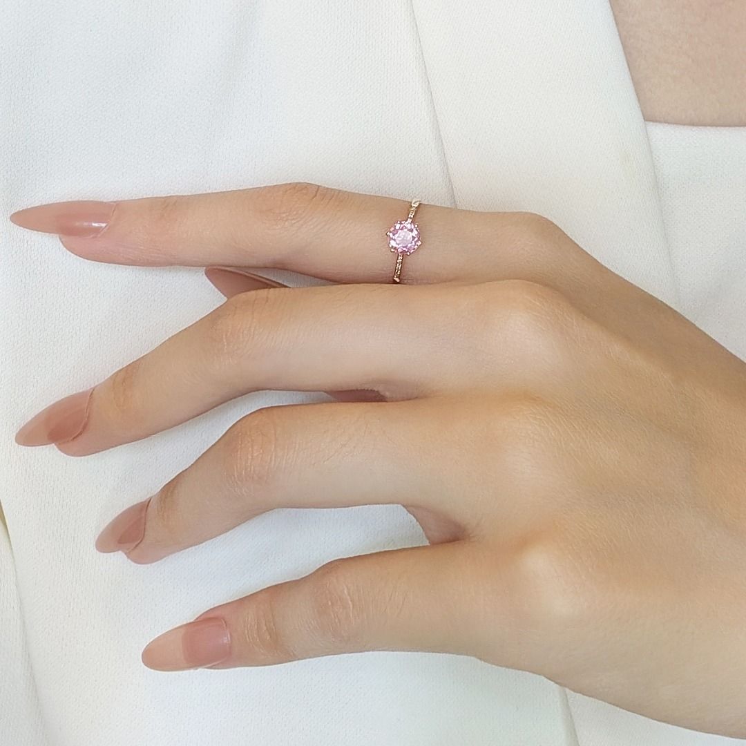 Delicate 0.74ct Pink Tourmaline and Natural Diamonds Pave Ring in 18K Yellow Gold