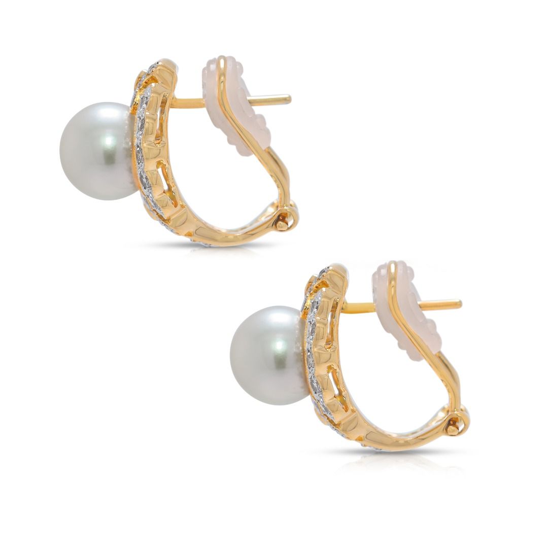 Elegant Akoya Pearl & Natural Diamond 18K Yellow Gold Latch Back Earrings