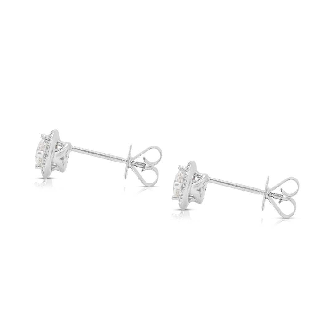 Sophisticated 0.92ct Natural Diamond Halo Earrings in 18K White Gold