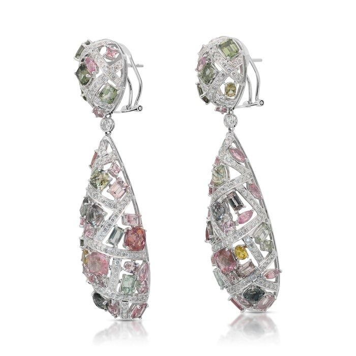 Captivating 24.53ct Tourmalines and Diamonds Drop Earrings in 18k White Gold - IGI Certified