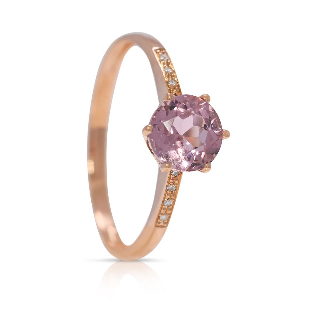 Delicate 0.74ct Pink Tourmaline and Natural Diamonds Pave Ring in 18K Yellow Gold