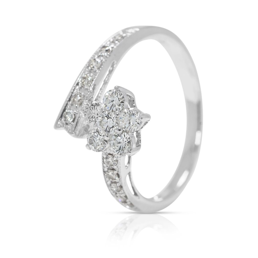 Charming 0.34ct Floral Natural Diamond Ring with Unique Band in 18K White Gold