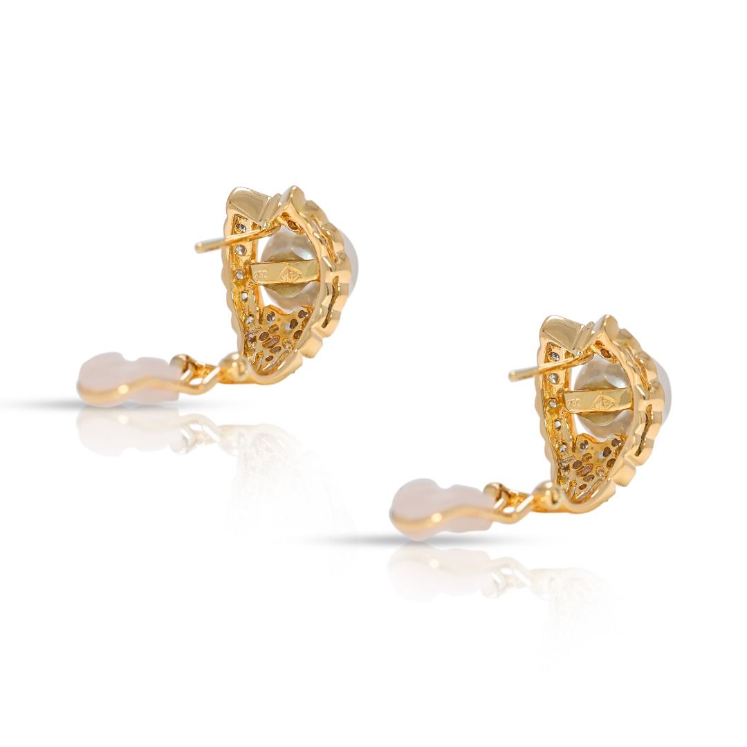 Elegant Akoya Pearl & Natural Diamond 18K Yellow Gold Latch Back Earrings