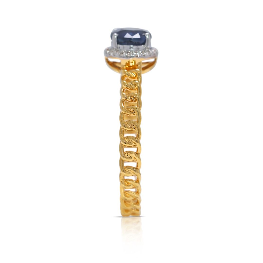 Sophisticated 0.75ct Blue Sapphire and Natural Diamonds Halo Ring in 18K Yellow Gold