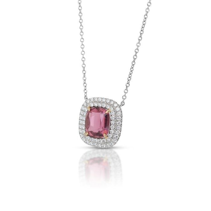 Alluring 2 carats Tourmaline and Natural Diamond Halo Necklace in 18k Two-Toned Gold with IGI