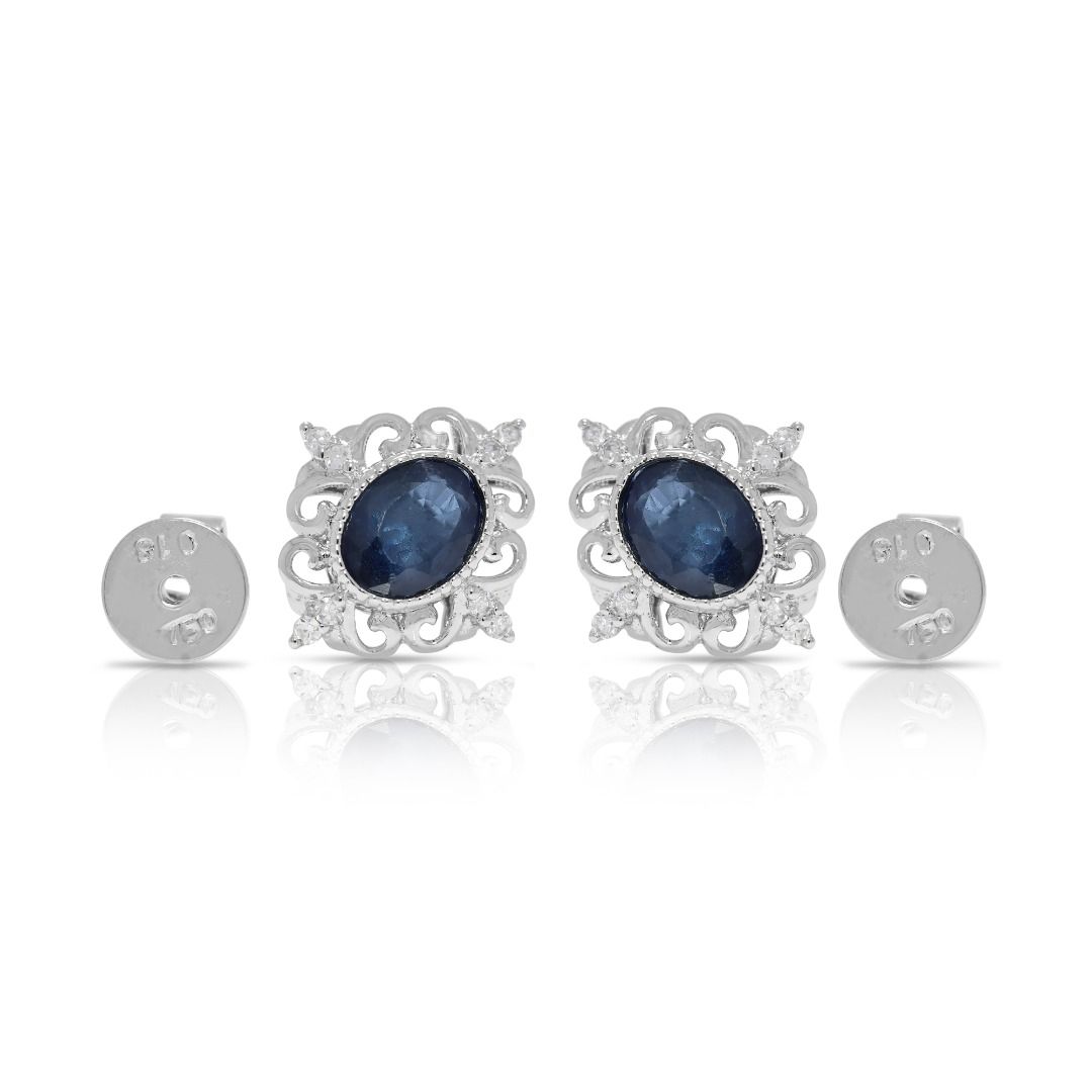 Complex 0.41ct Sapphire & Natural Diamond 18K White Gold Earrings