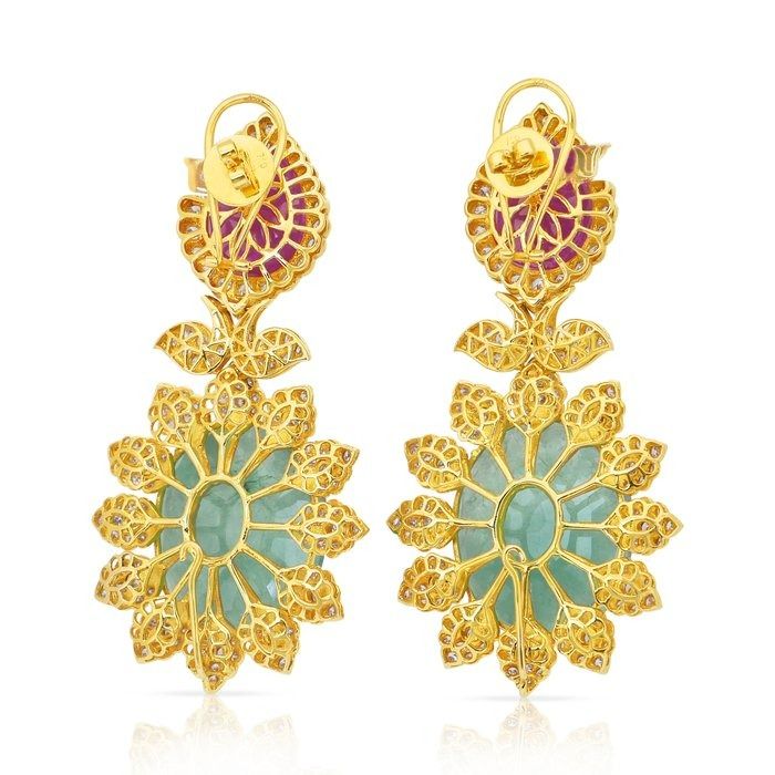 Beautiful 72.60ct Diamonds, Emeralds, and Rubies Drop Earrings in 18k Yellow Gold