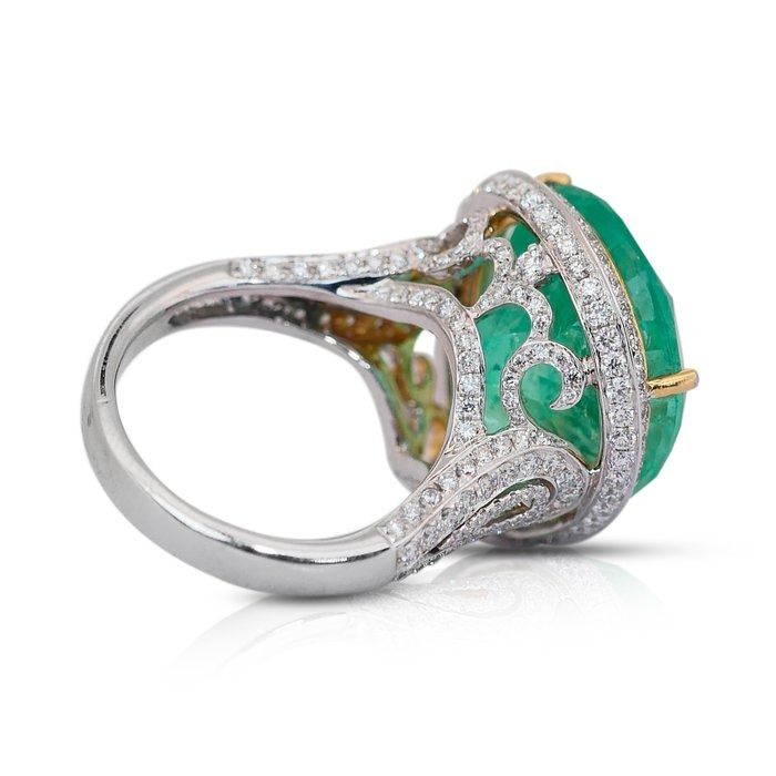 Glamorous 28.26ct Emerald and Diamonds Cluster Ring in 18k White Gold - GRS & IGI Certified