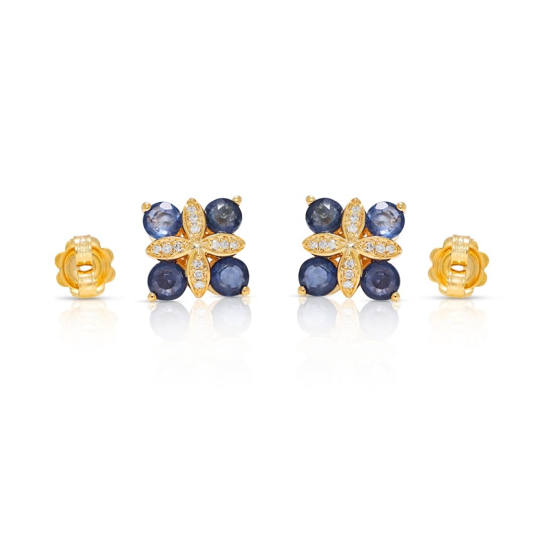Stylish 0.47ct Sapphire & Natural Diamond 18K Yellow Gold Stud Earrings