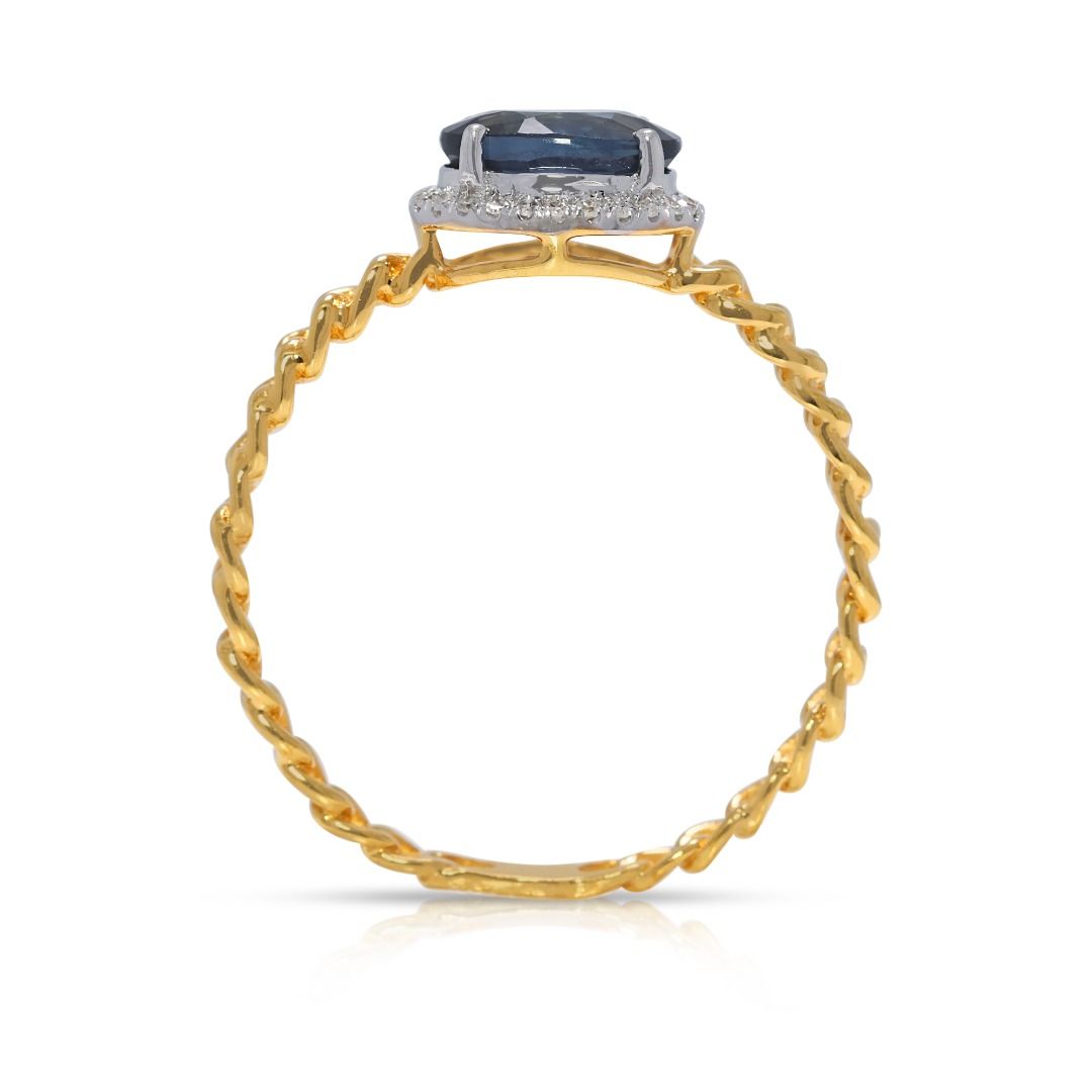 Sophisticated 0.75ct Blue Sapphire and Natural Diamonds Halo Ring in 18K Yellow Gold