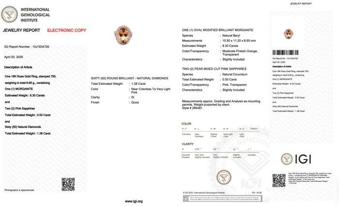 8.30 Carat IGI Certified Natural Morganite 18K Rose Gold Cocktail Ring