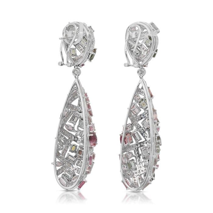 Captivating 24.53ct Tourmalines and Diamonds Drop Earrings in 18k White Gold - IGI Certified
