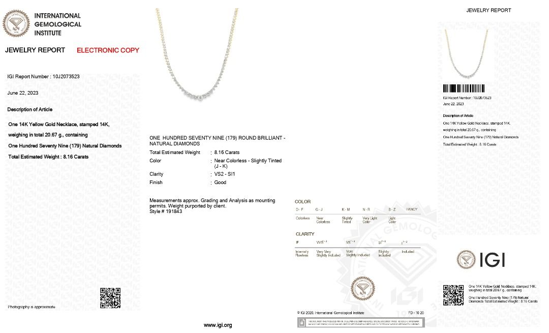 Elegant 8 carat and 16 points Natural Diamond Collar Necklace in 14K Yellow Gold