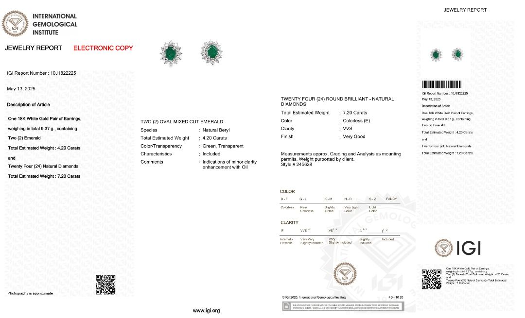 Breathtaking 11.40ct Emerald & Natural Diamond Cluster Stud Earrings in 18K White Gold – IGI Certified