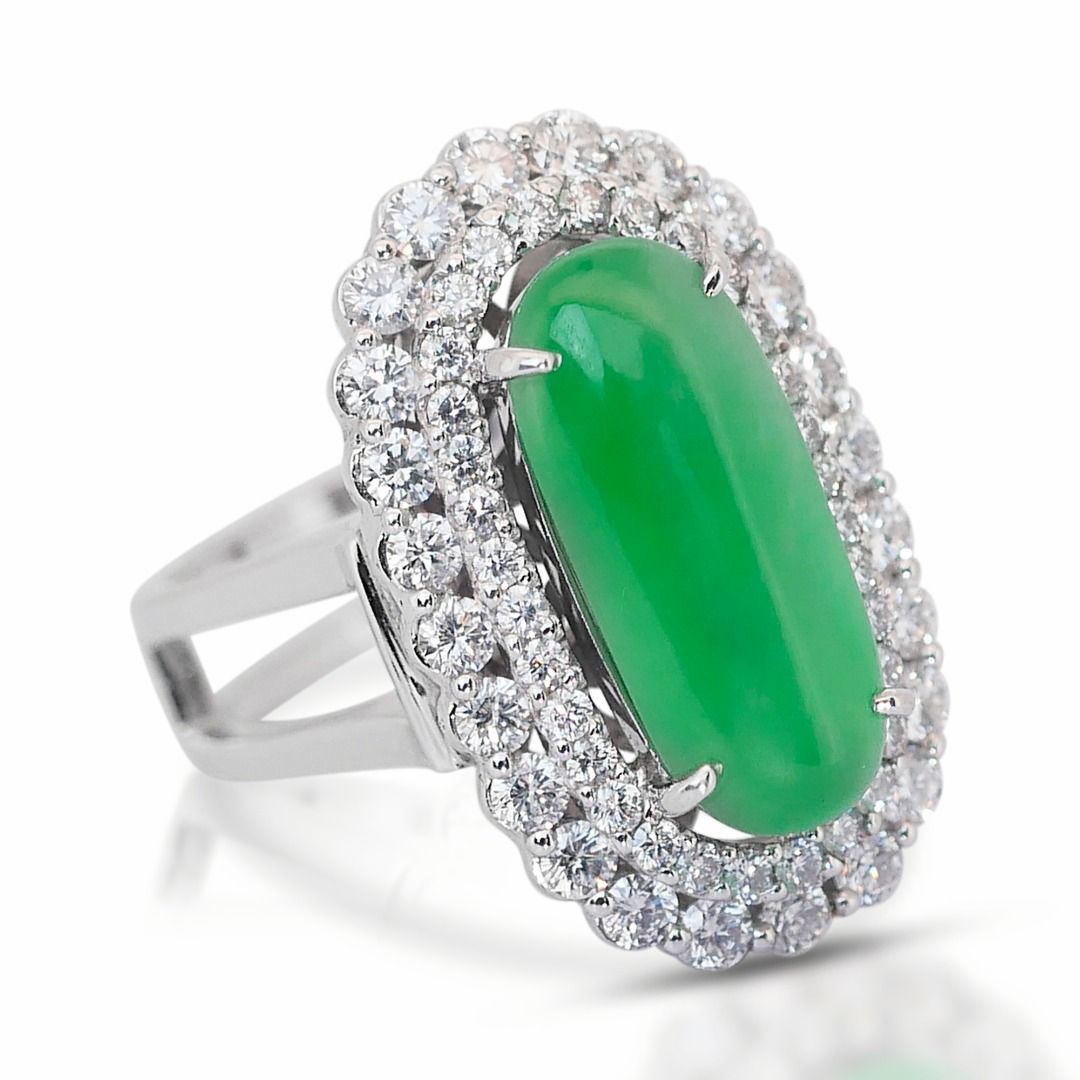 Elegant 3 carats and 25 points Jade with Natural Diamond Double Halo Ring in 18K White Gold with IGI