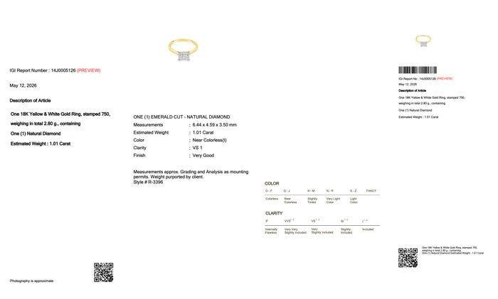 1.01 Carat IGI Certified Natural Diamond 18K Yellow And White Gold Solitaire Ring