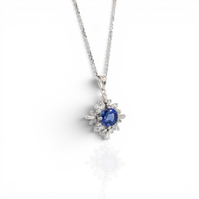 1.50 Carat IGI Certified Sapphire and Diamonds 14K White Gold Necklace