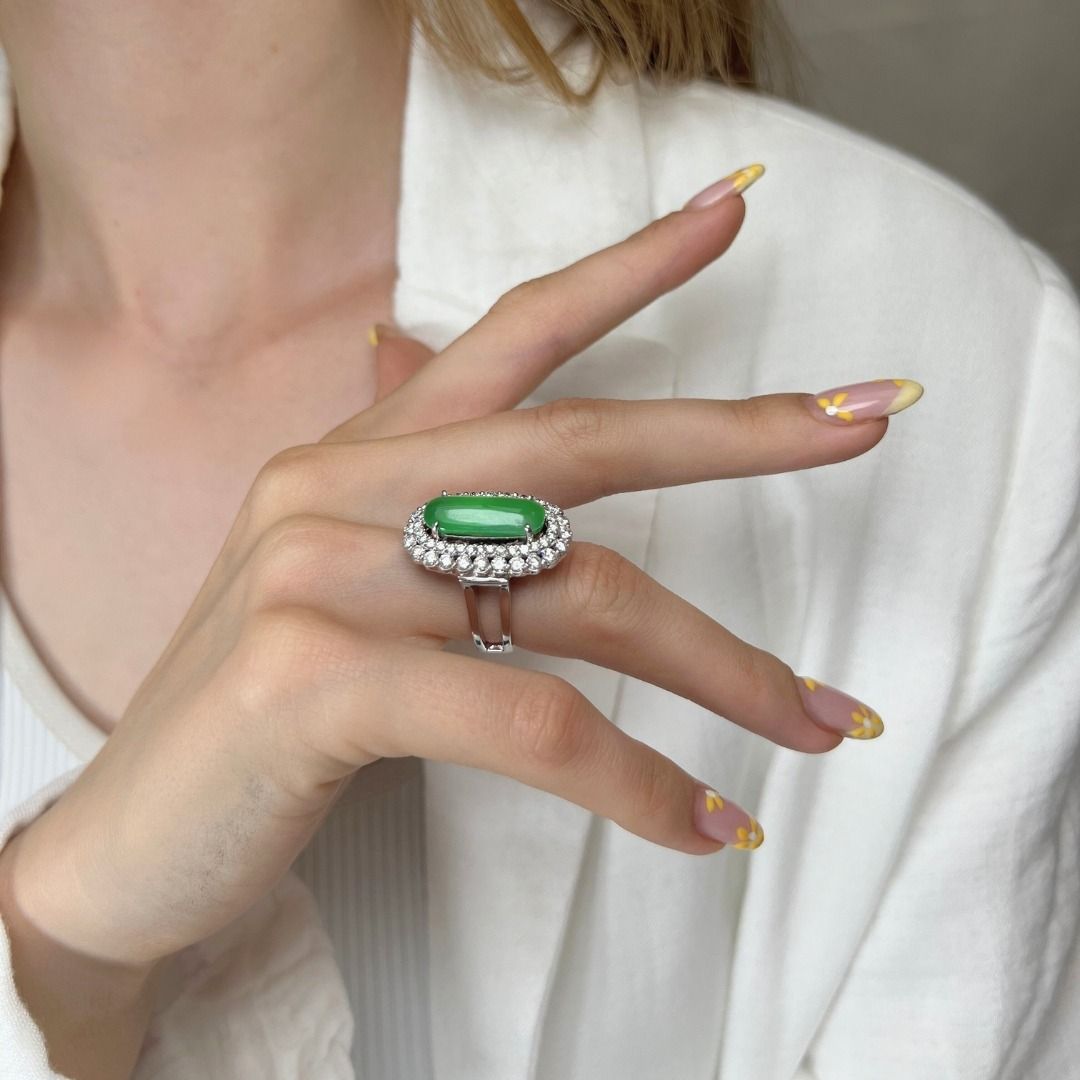 Elegant 3 carats and 25 points Jade with Natural Diamond Double Halo Ring in 18K White Gold with IGI