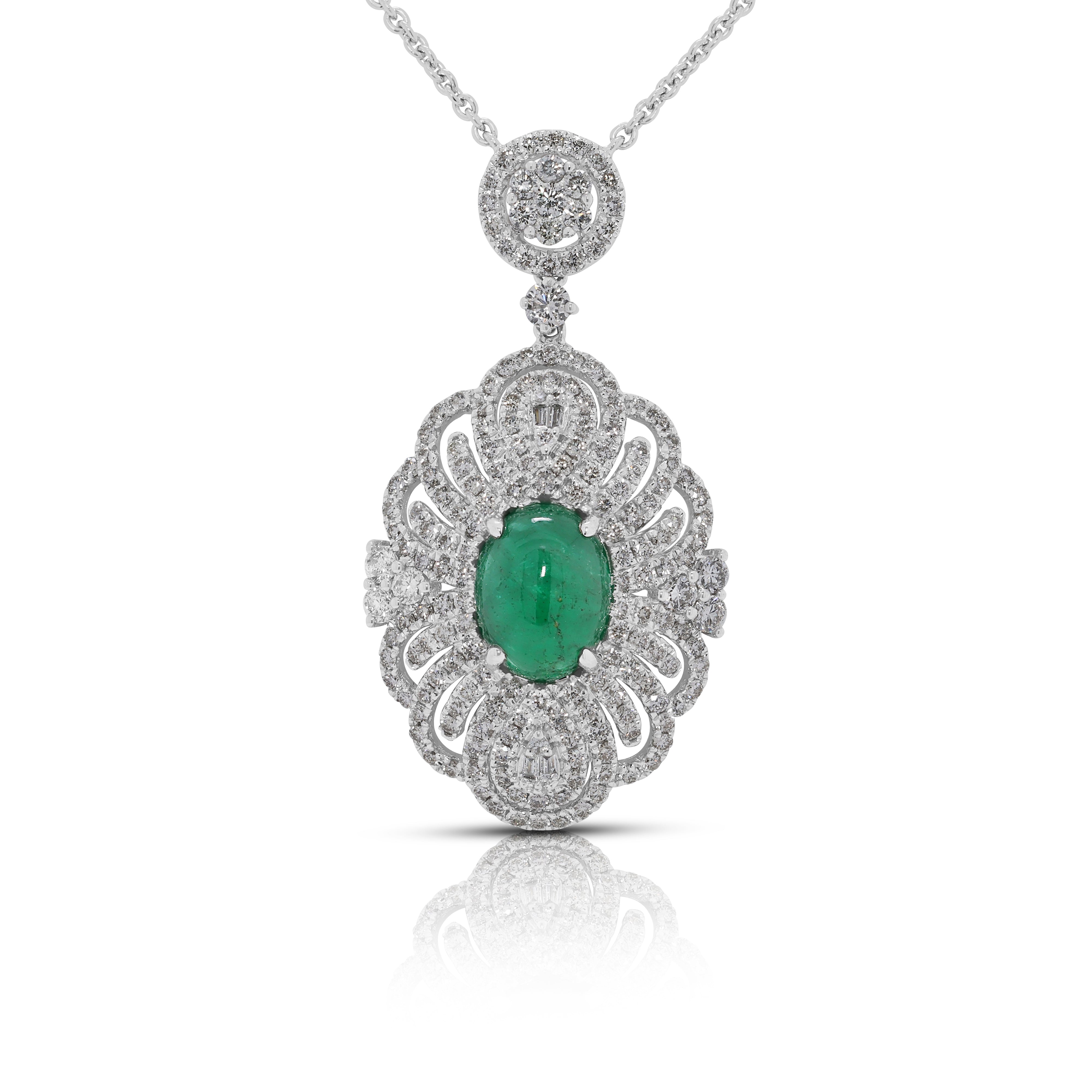 Vintage-Inspired 5.63ct Emerald & Natural Diamond Necklace in 18K White Gold