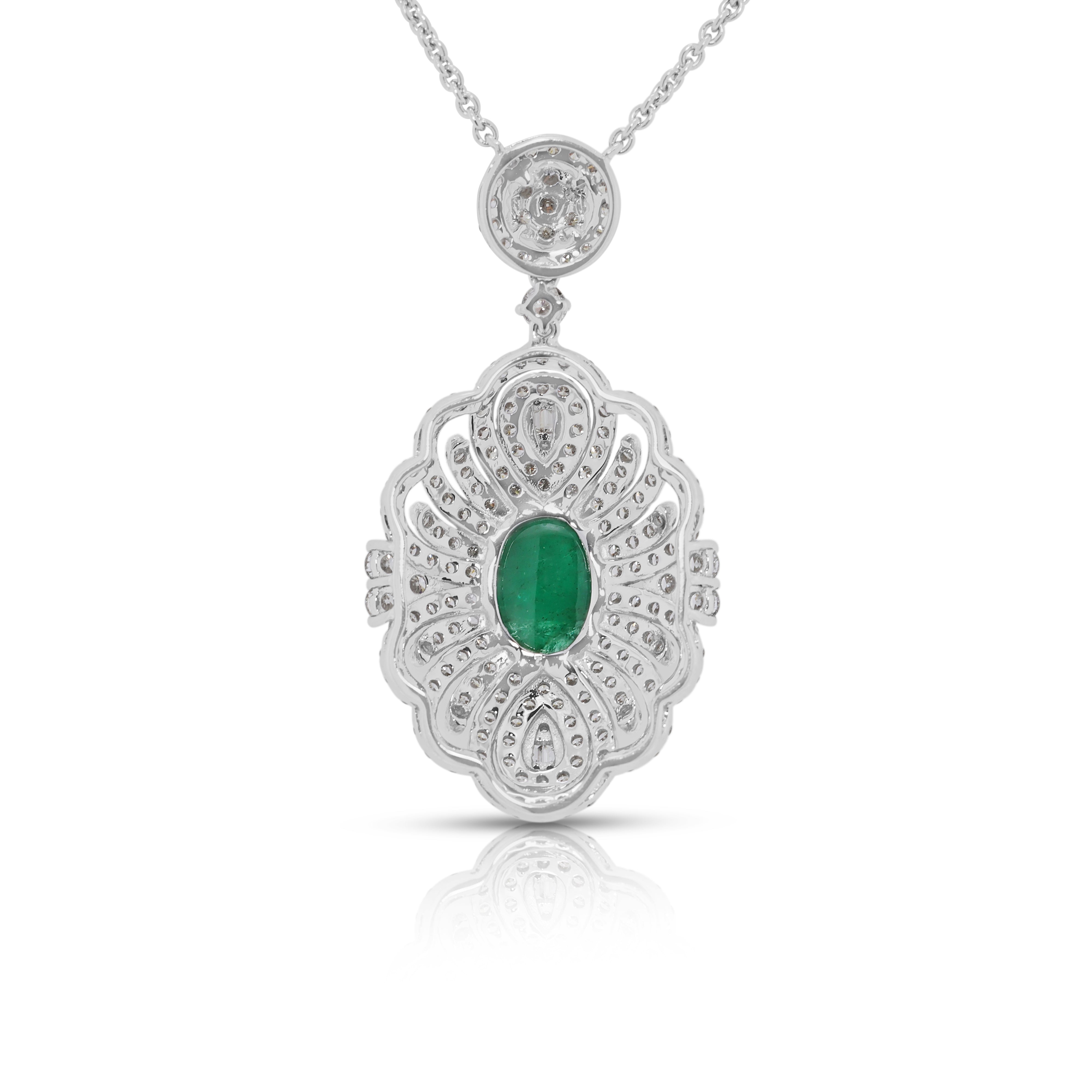Vintage-Inspired 5.63ct Emerald & Natural Diamond Necklace in 18K White Gold