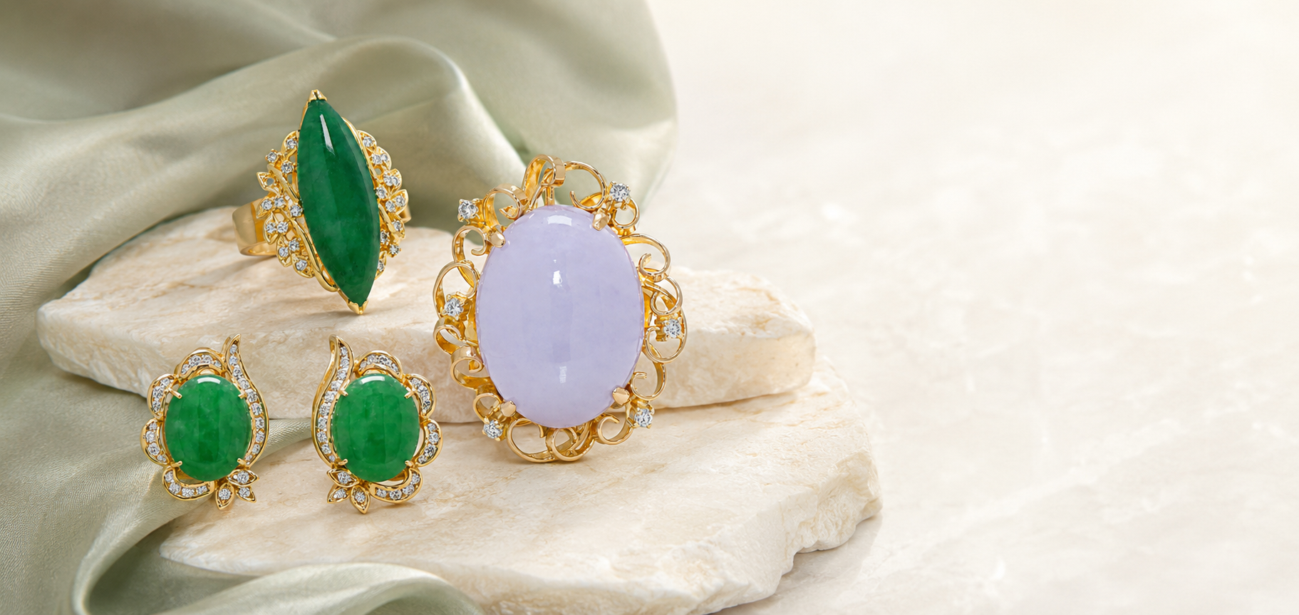 A jewelry set displayed on a light stone slab with draped satin fabric. The set includes a ring with a large oval pale lavender stone, matching oval earrings with green stones, and a smaller green marquise-shaped stone piece, all in ornate gold settings.