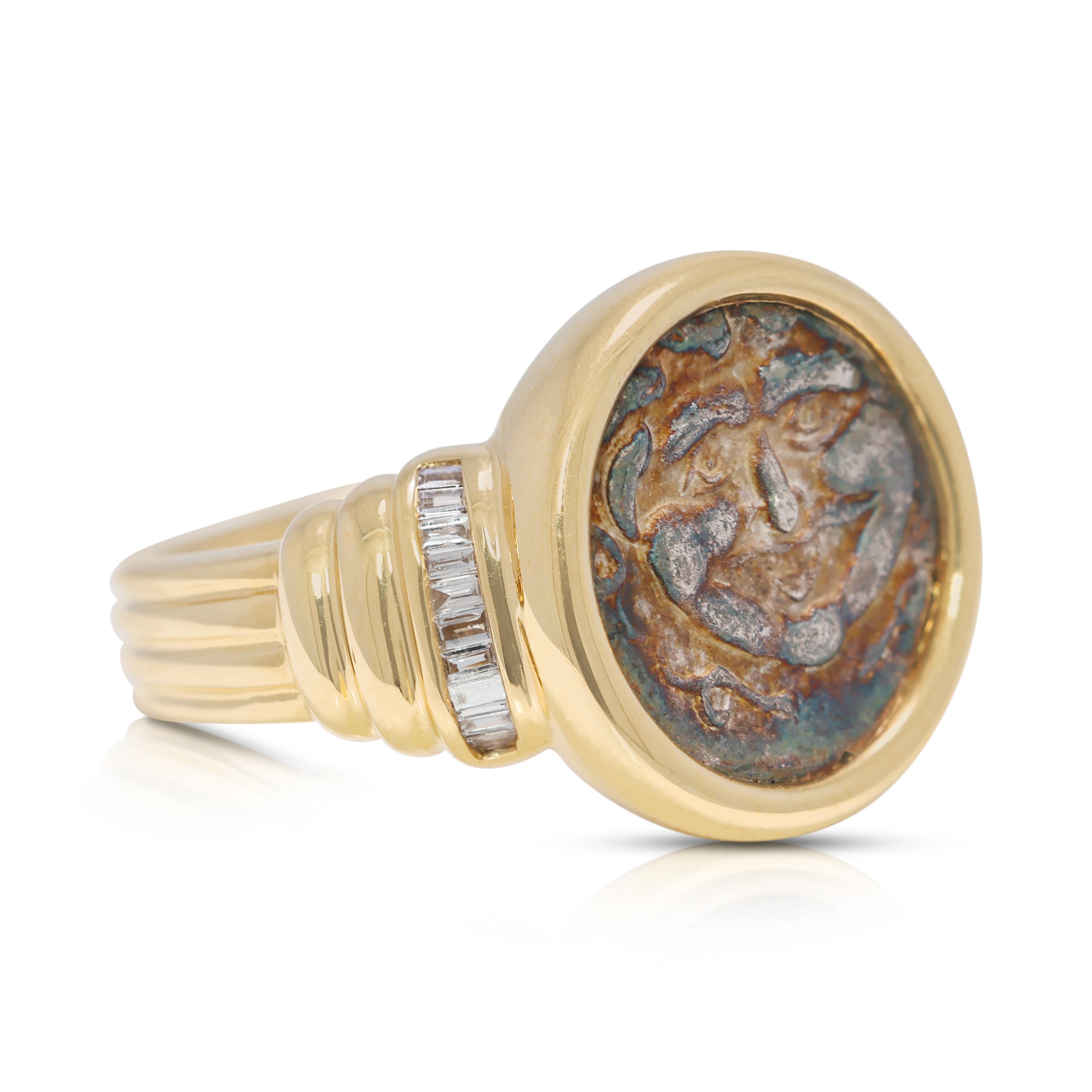 Bold 0.12ct Natural Diamond Medusa Coin Ring in 18K Yellow Gold