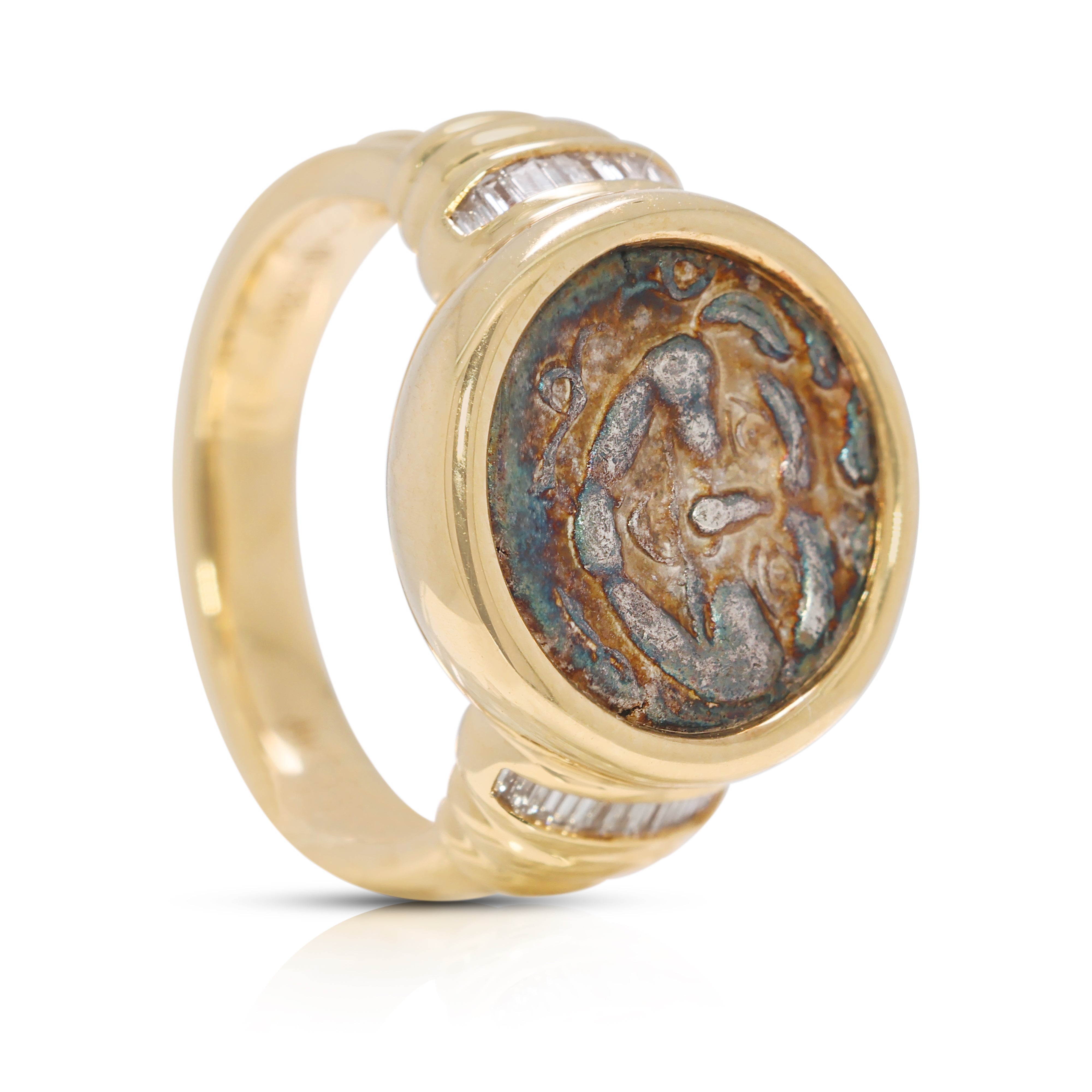 Bold 0.12ct Natural Diamond Medusa Coin Ring in 18K Yellow Gold
