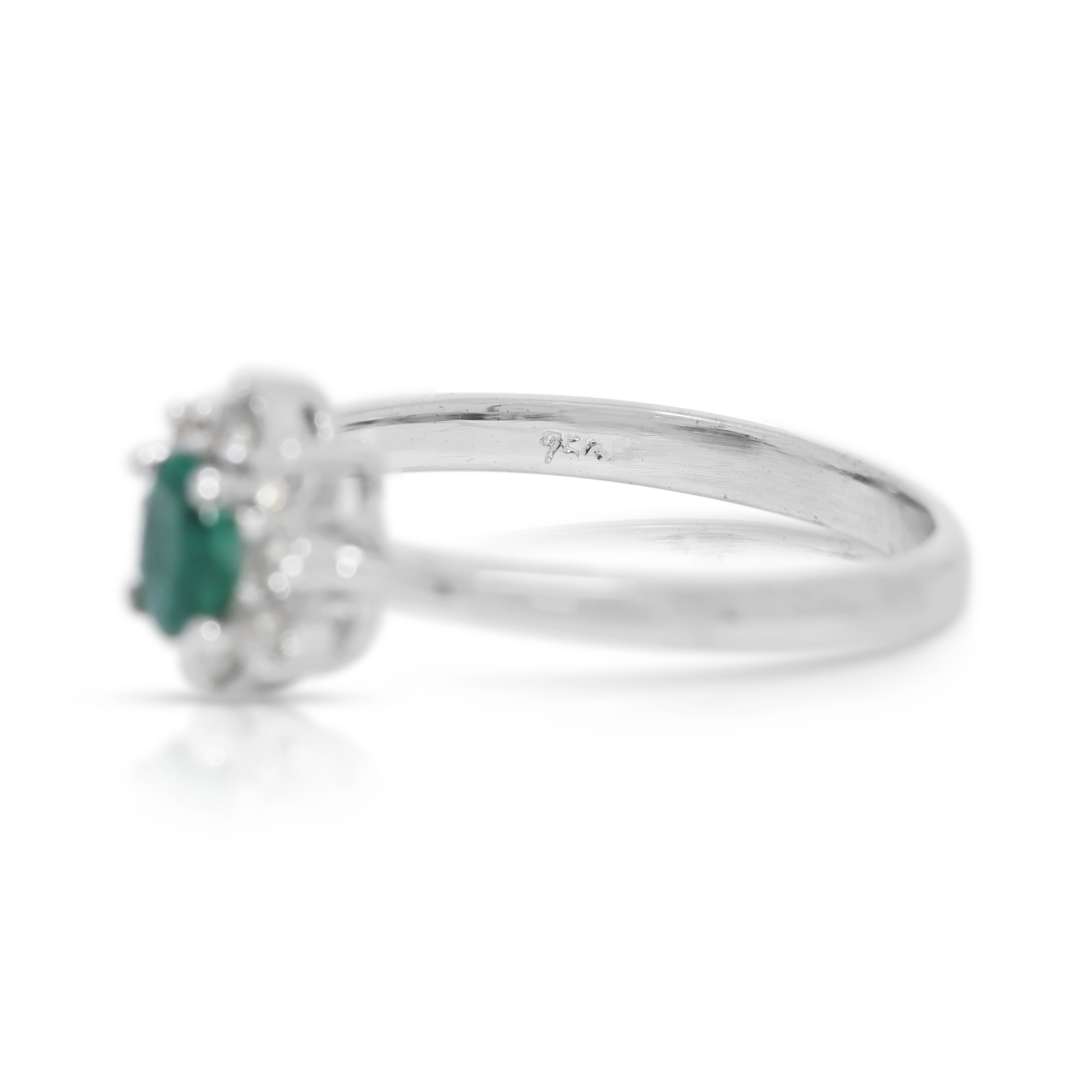 Delicate 0.15ct Emerald & Natural Diamond Halo Ring in 18K White Gold