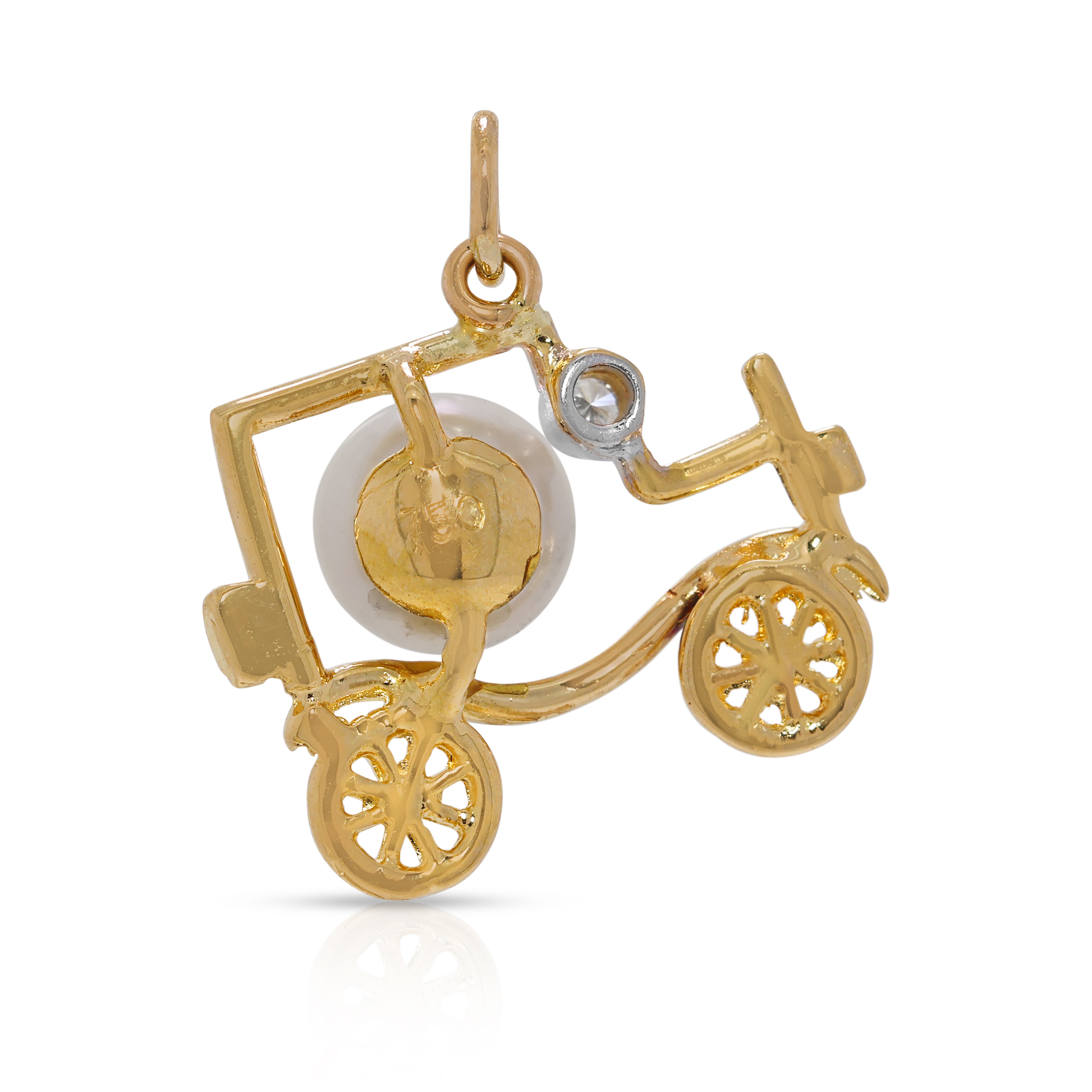 Unique Akoya Pearl & Natural Diamond 18K Yellow Gold Car Design Pendant