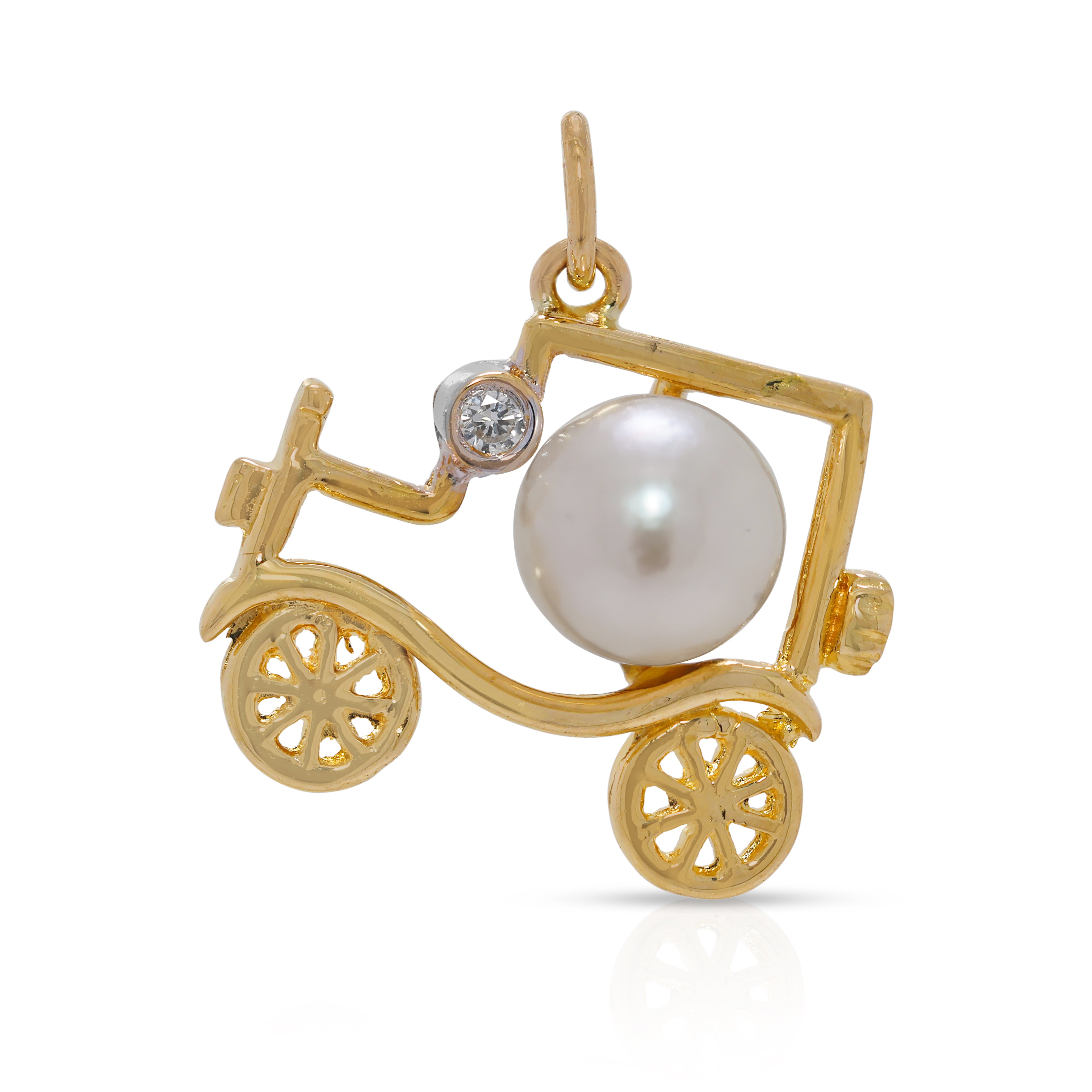 Unique Akoya Pearl & Natural Diamond 18K Yellow Gold Car Design Pendant