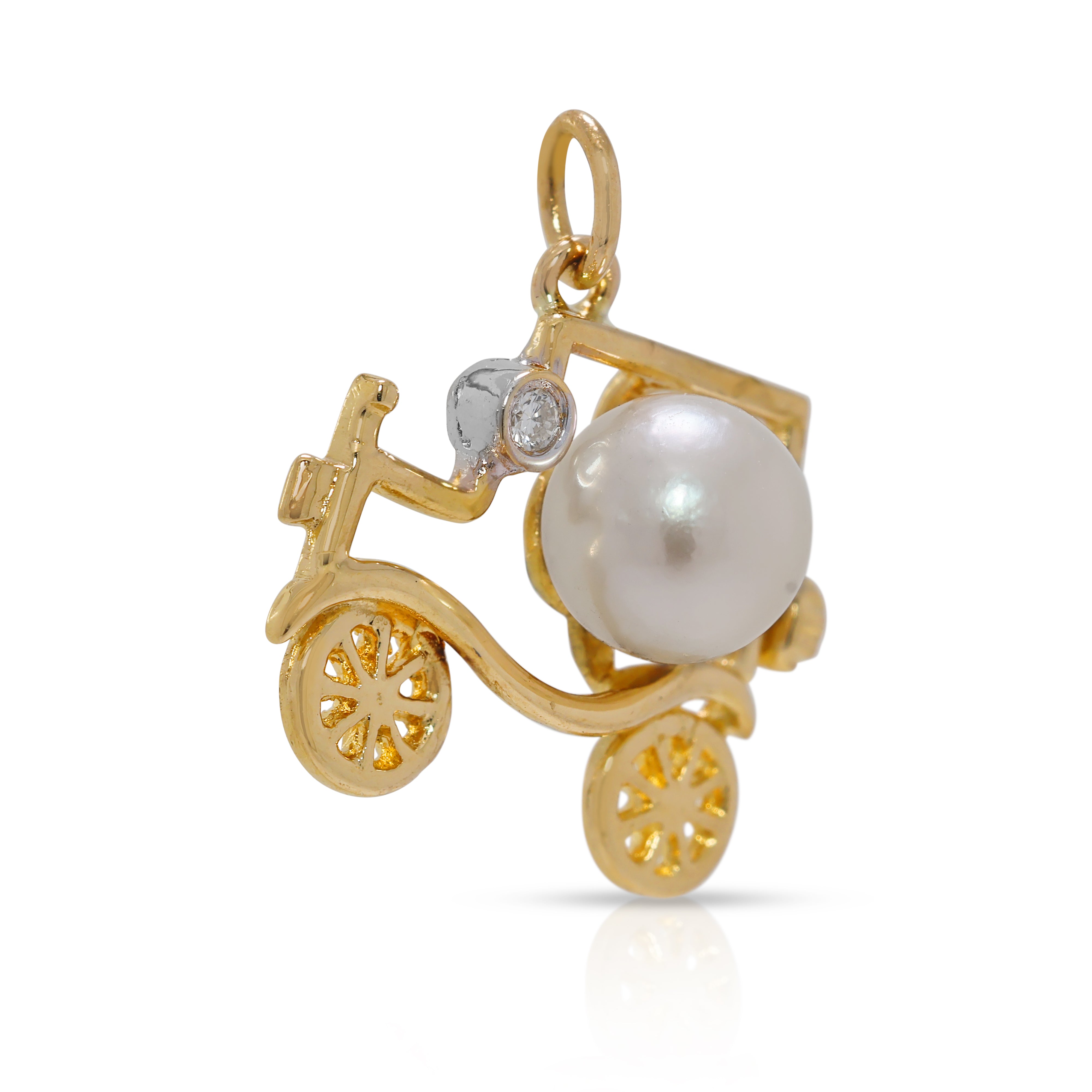Unique Akoya Pearl & Natural Diamond 18K Yellow Gold Car Design Pendant