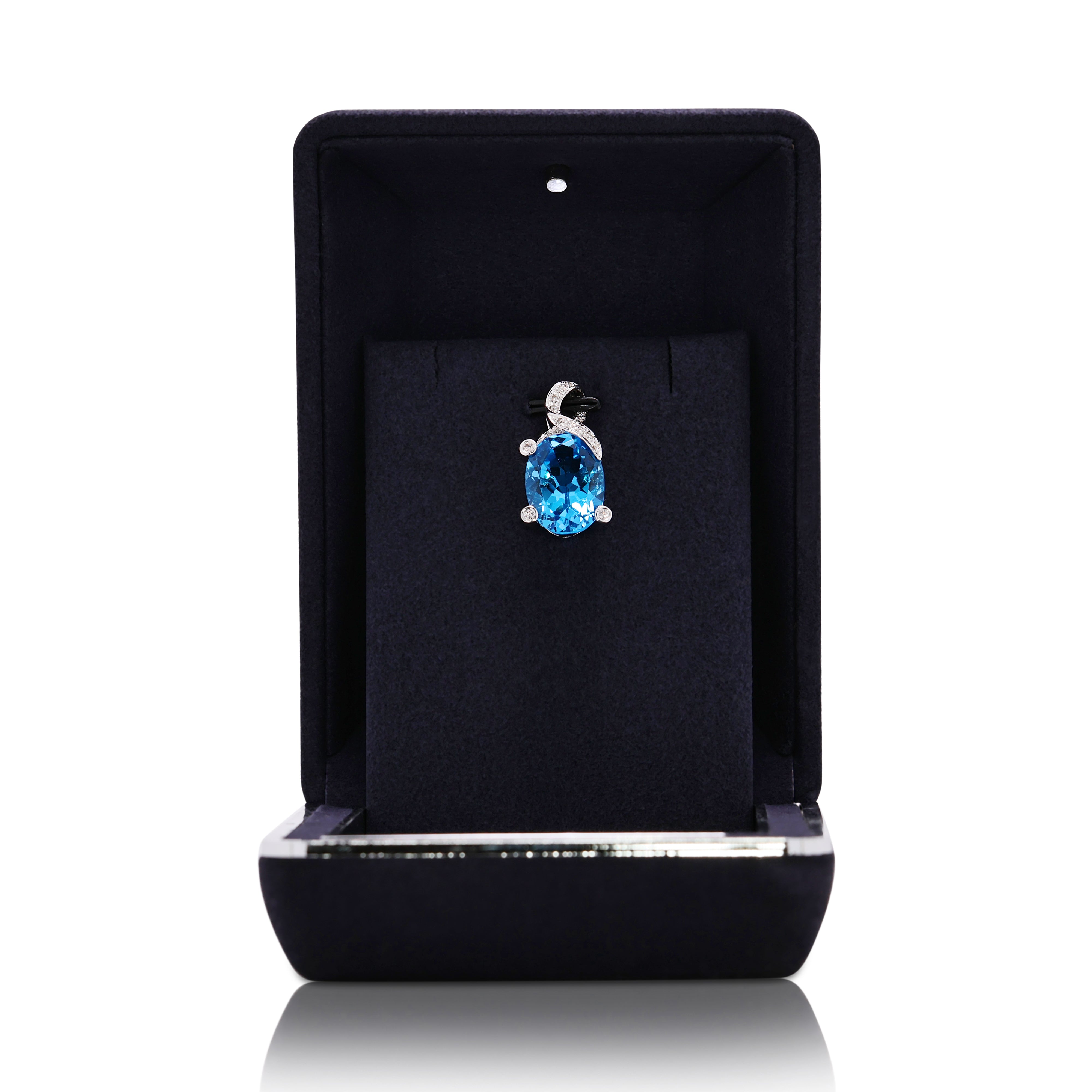 Striking 10.22ct Blue Topaz & Natural Diamond Pendant in 18K White Gold