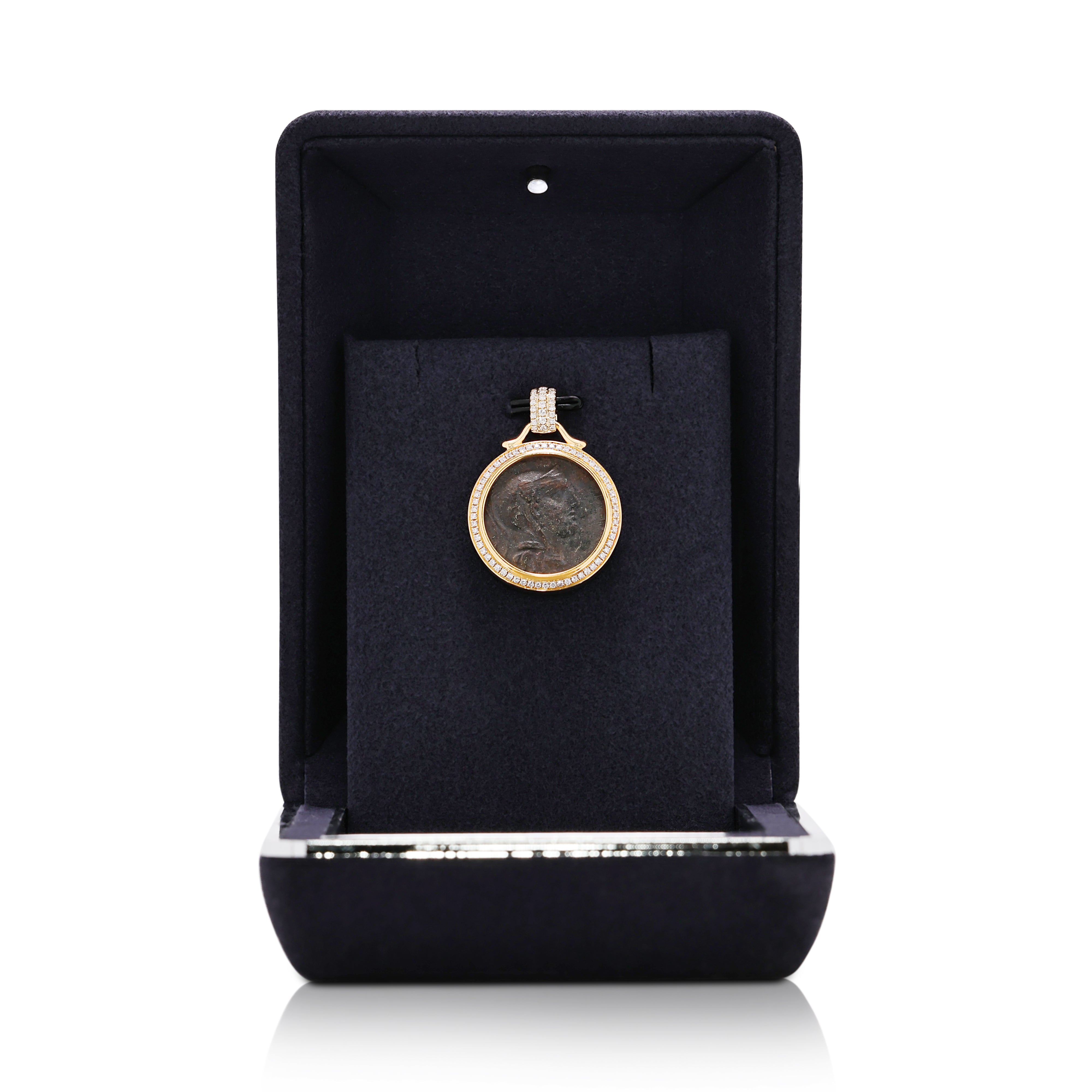 Athena Ancient Greek Coin Pendant in 18K Yellow Gold with 0.44ct Natural Diamond Halo