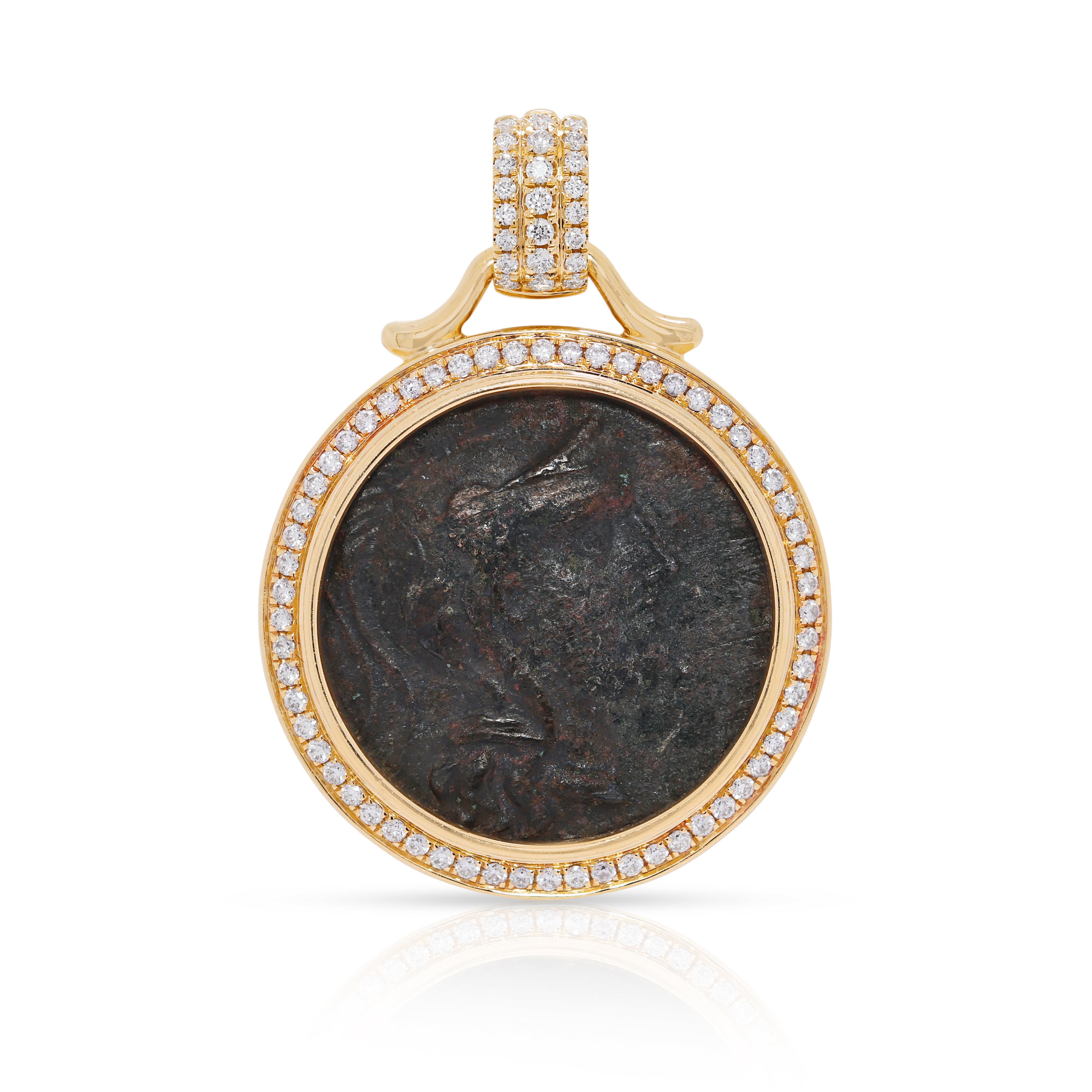 Athena Ancient Greek Coin Pendant in 18K Yellow Gold with 0.44ct Natural Diamond Halo