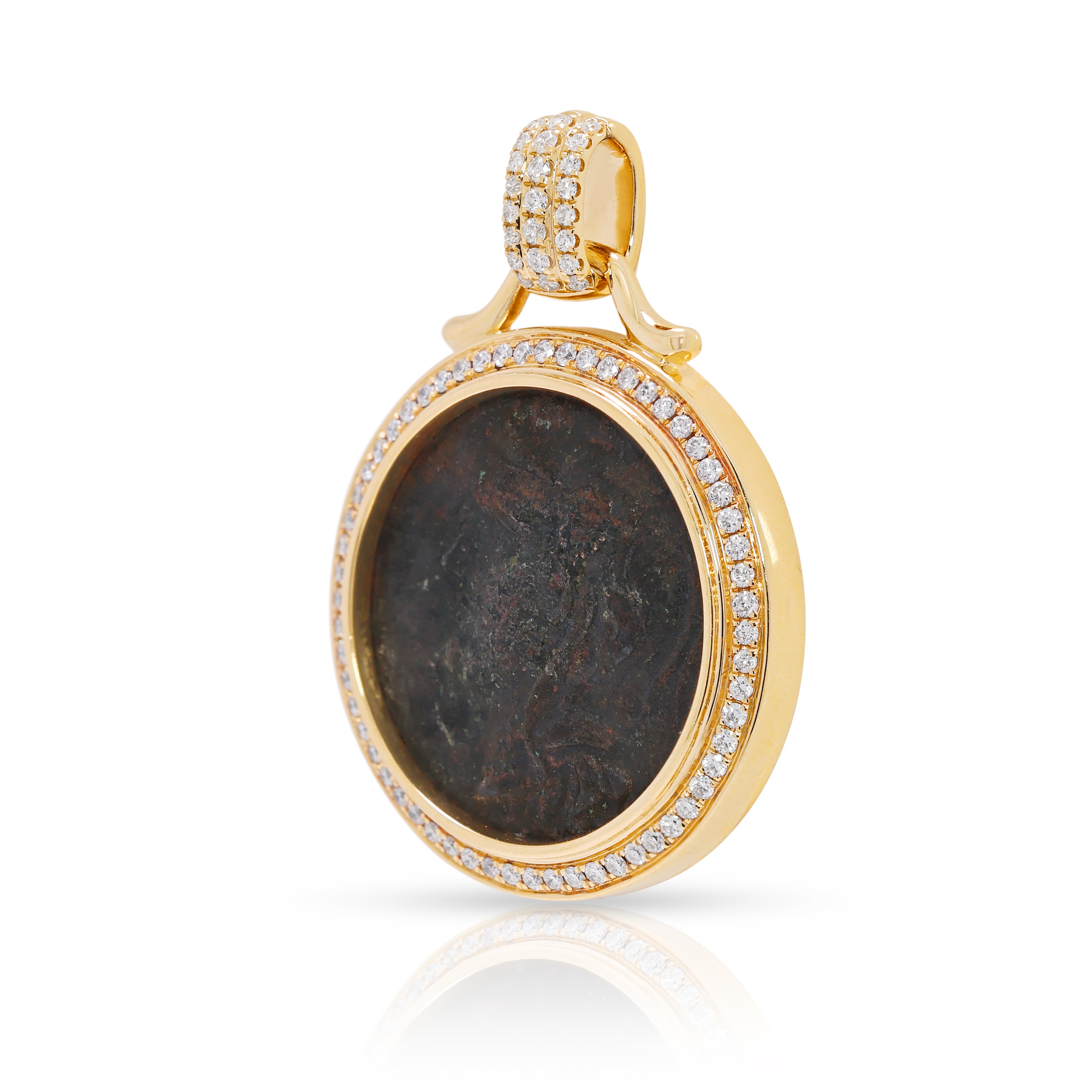 Athena Ancient Greek Coin Pendant in 18K Yellow Gold with 0.44ct Natural Diamond Halo