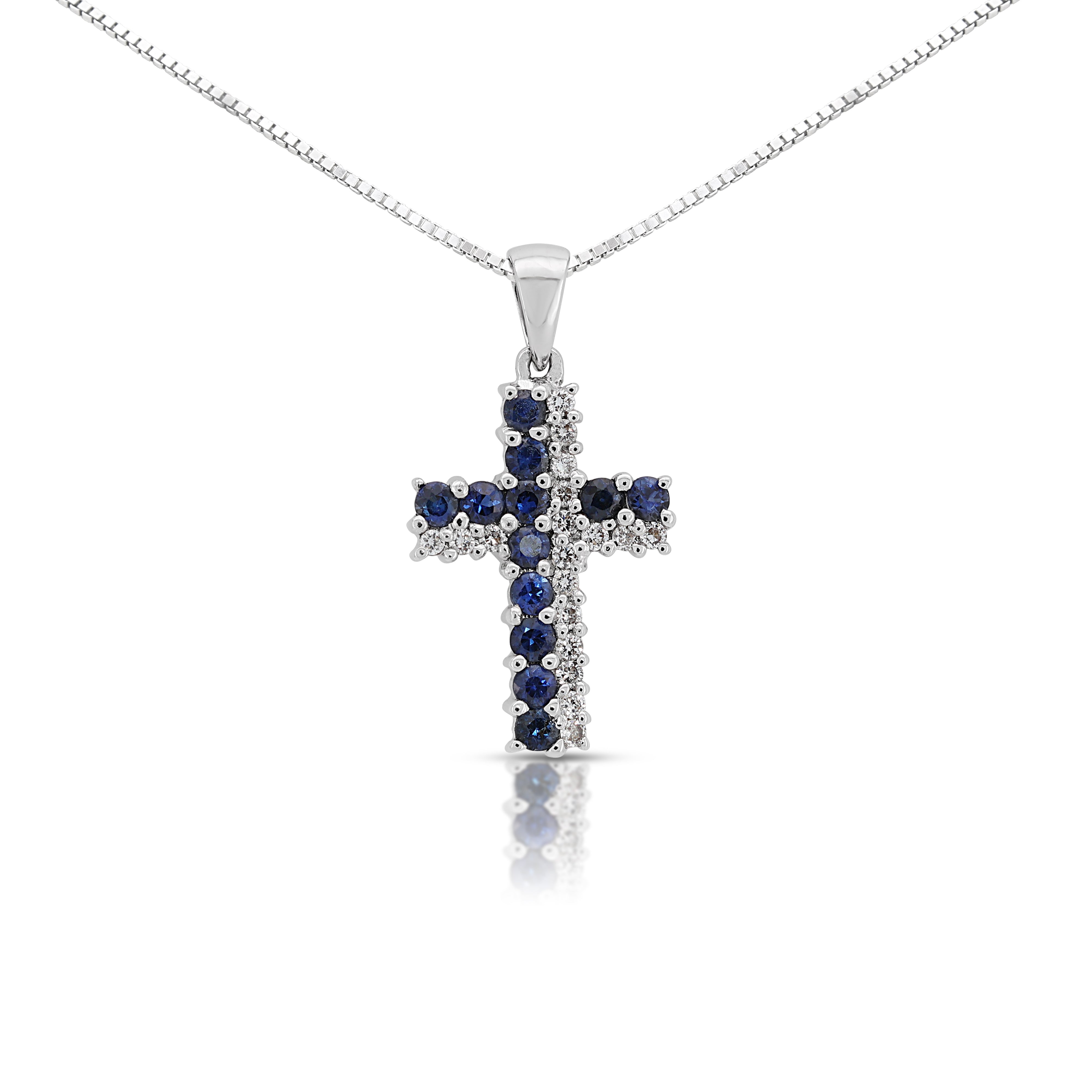 Timeless 0.42ct Sapphire with Natural Diamond Cross Pendant in 18K White Gold