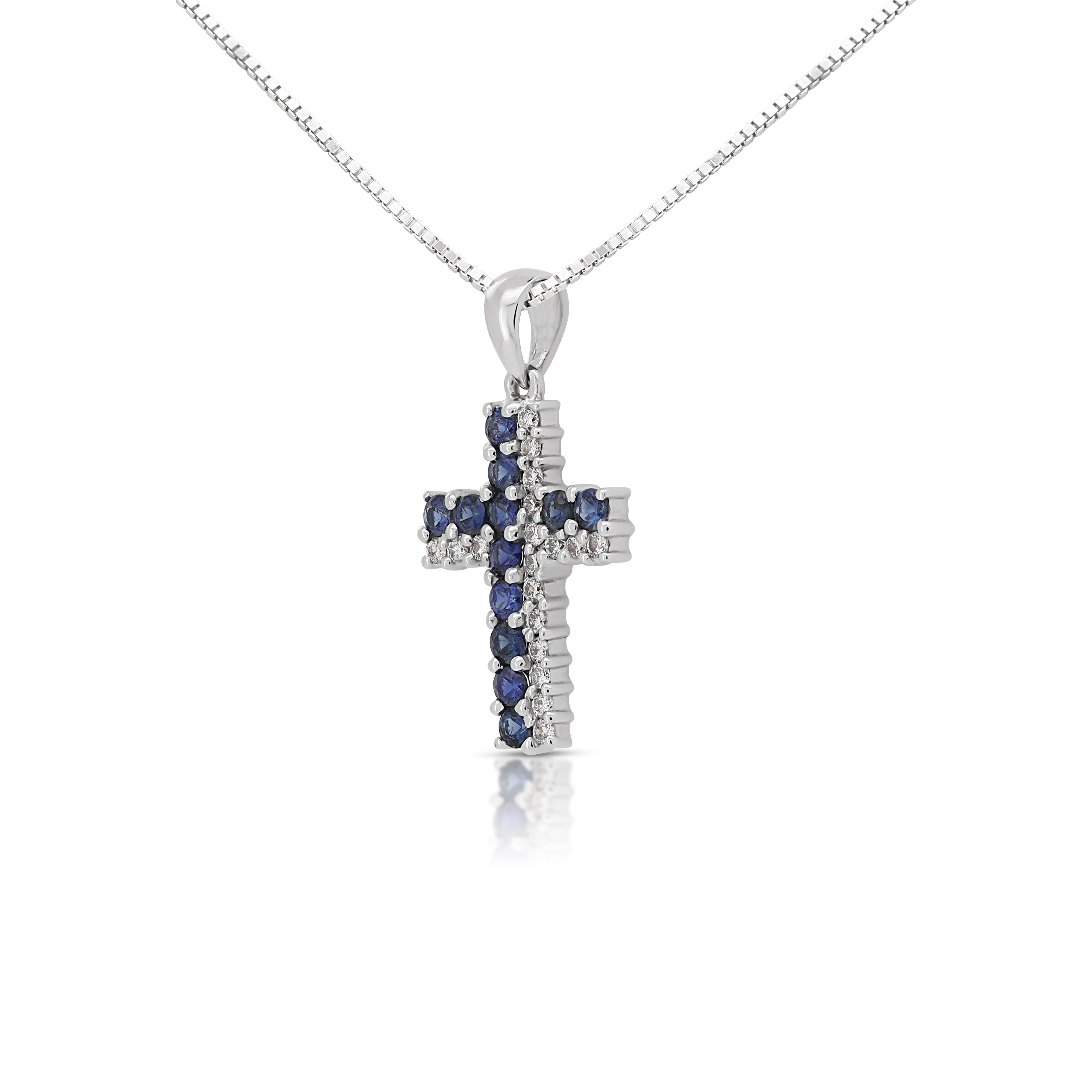 Timeless 0.42ct Sapphire with Natural Diamond Cross Pendant in 18K White Gold
