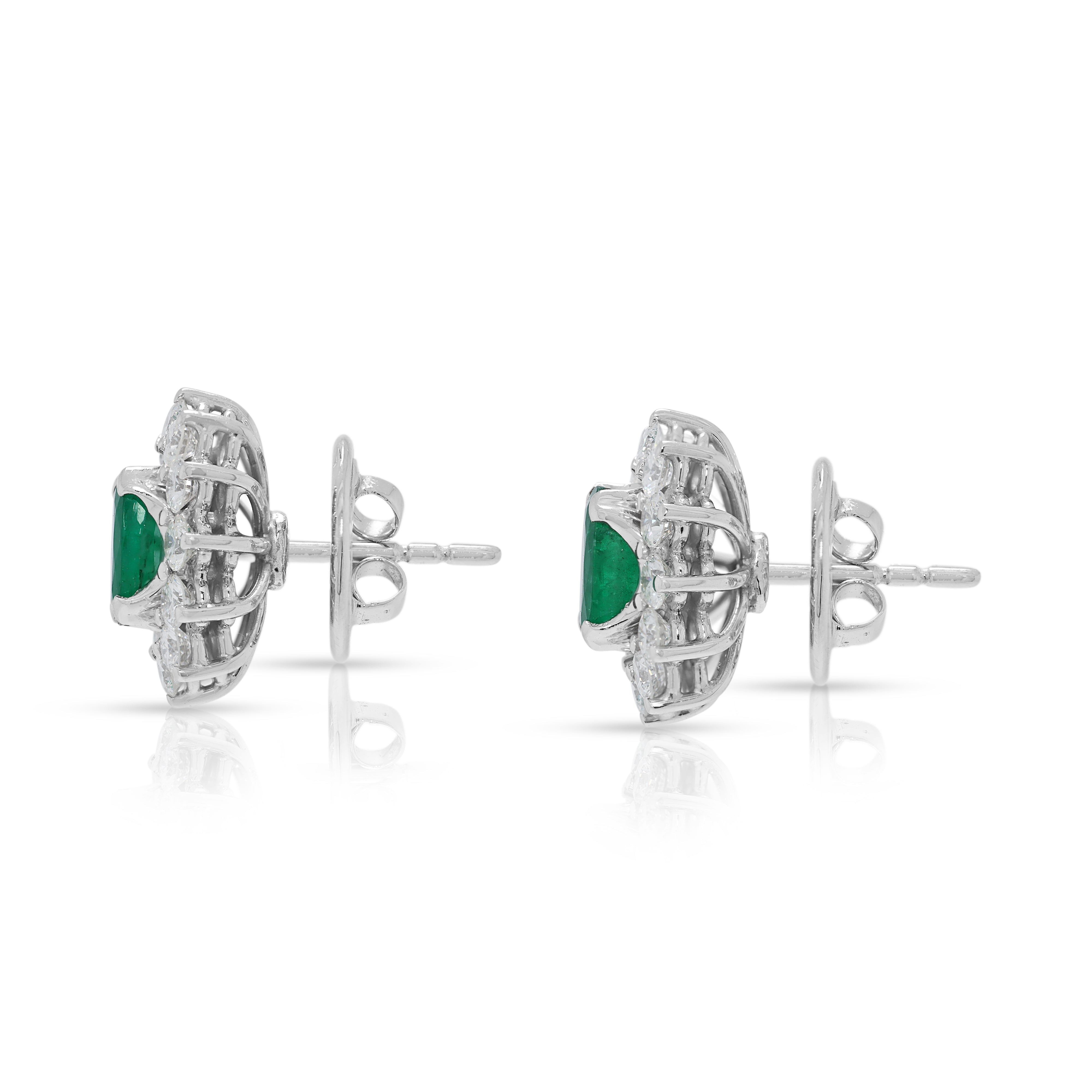 Breathtaking 11.40ct Emerald & Natural Diamond Cluster Stud Earrings in 18K White Gold – IGI Certified