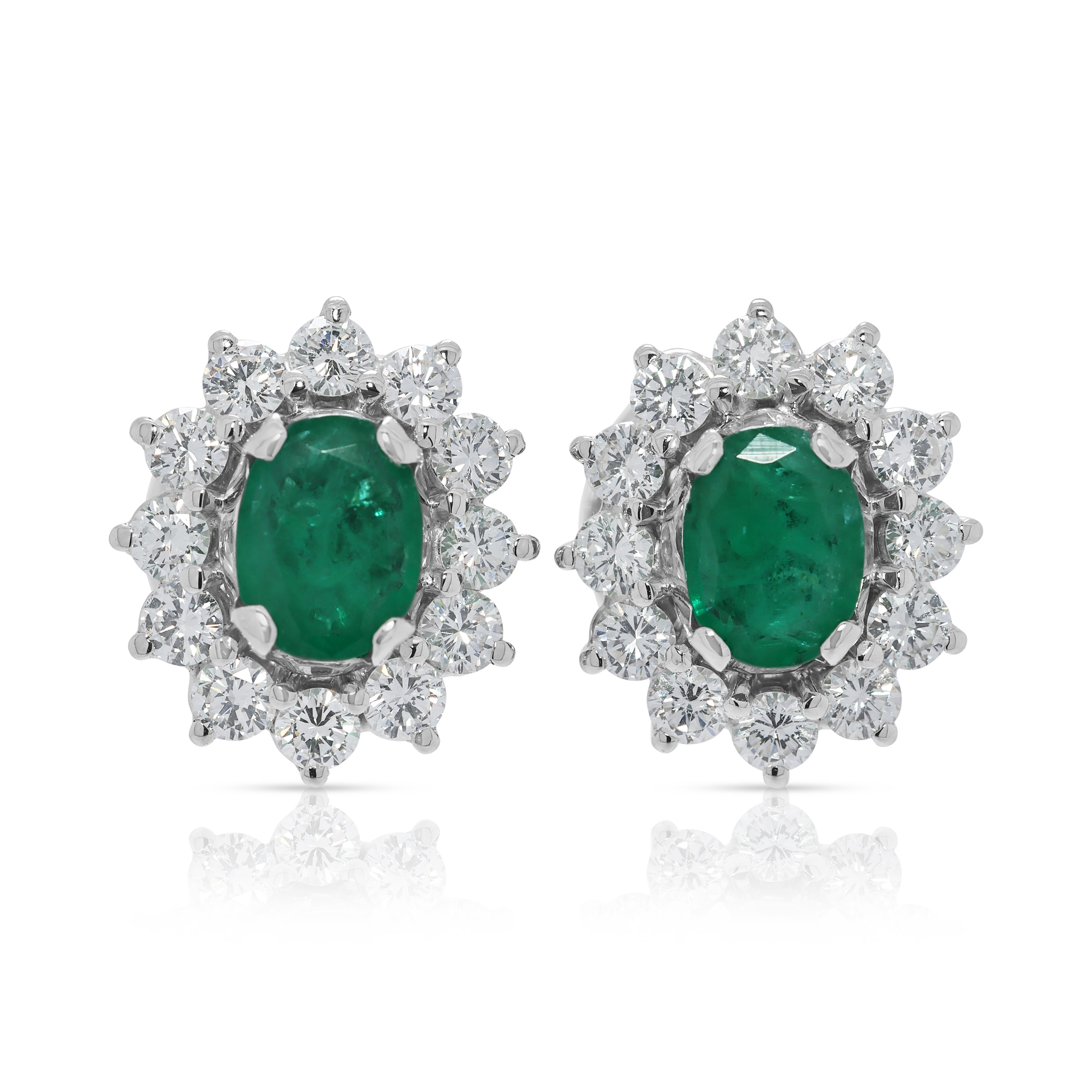 Breathtaking 11.40ct Emerald & Natural Diamond Cluster Stud Earrings in 18K White Gold – IGI Certified