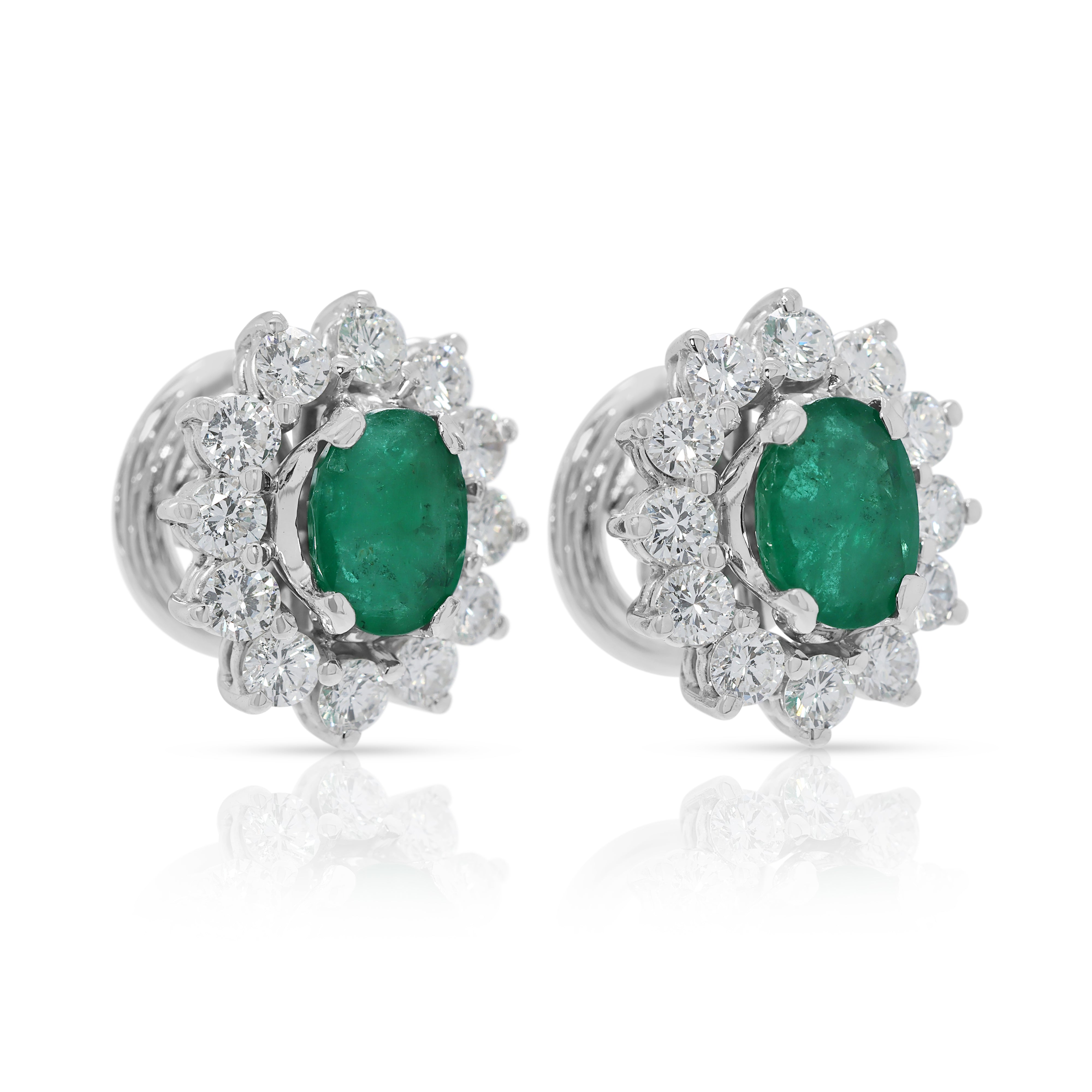 Breathtaking 11.40ct Emerald & Natural Diamond Cluster Stud Earrings in 18K White Gold – IGI Certified