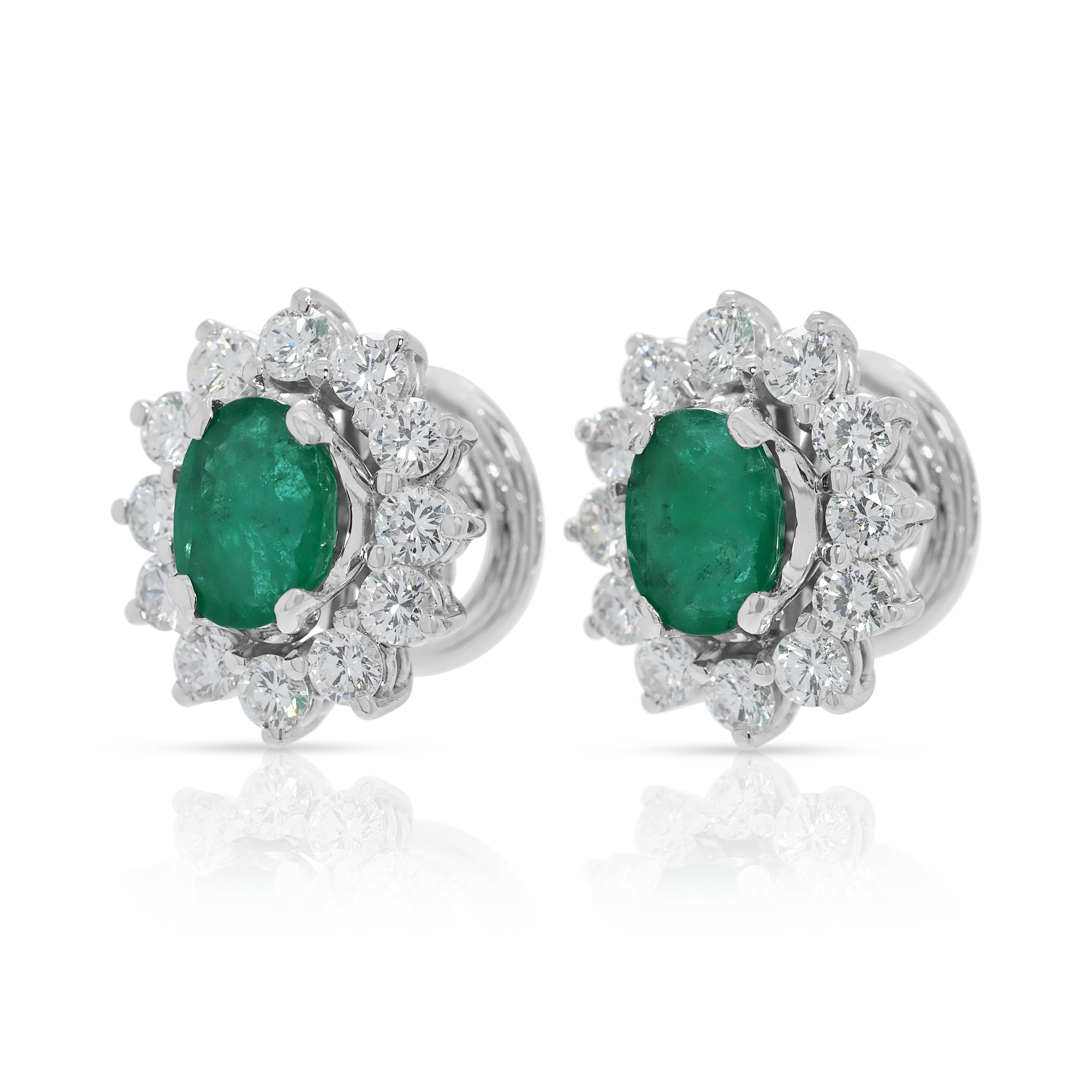 Breathtaking 11.40ct Emerald & Natural Diamond Cluster Stud Earrings in 18K White Gold – IGI Certified