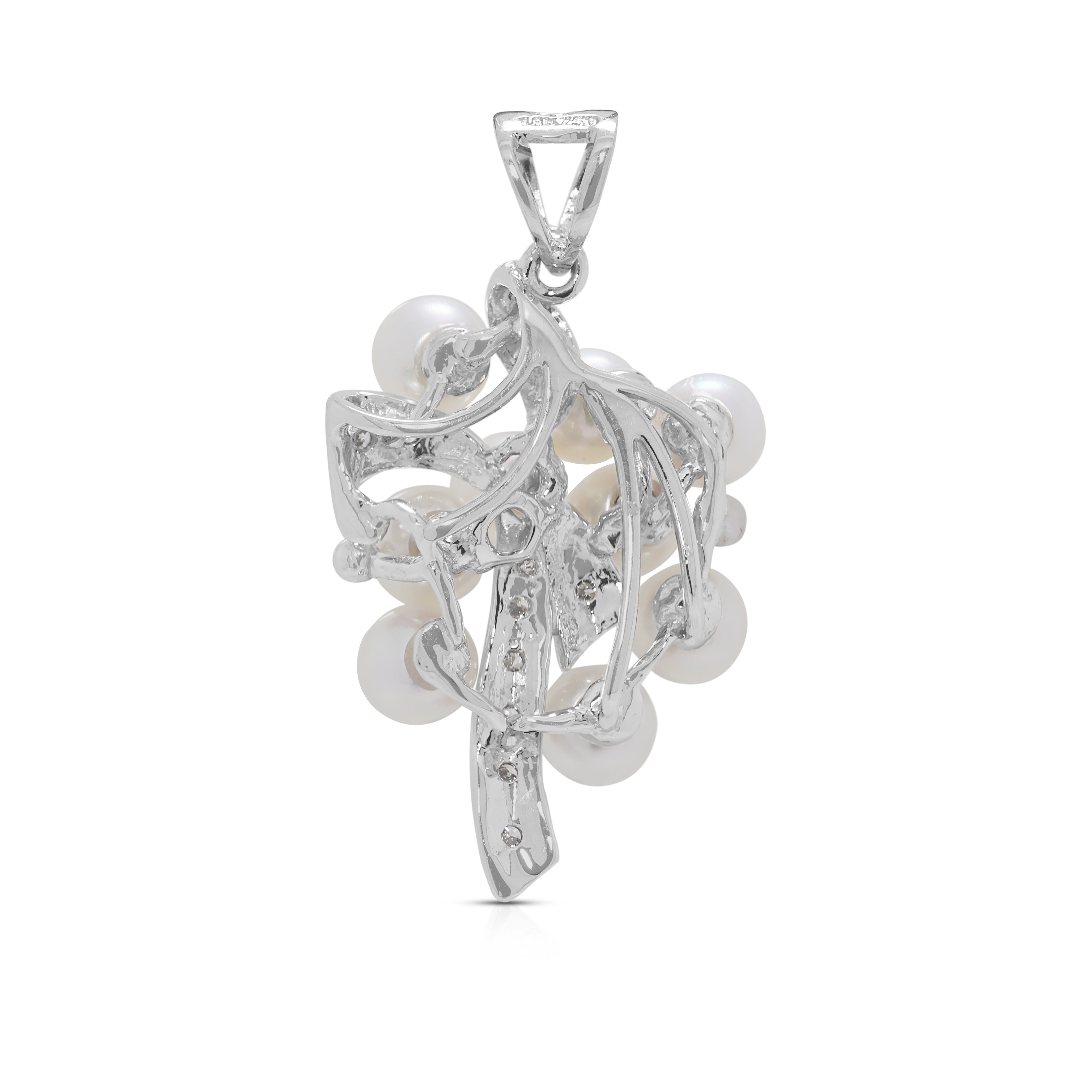 Charming 4mm Akoya Pearl & 0.07ct Natural Diamond Cluster Pendant in 18K White Gold (New)