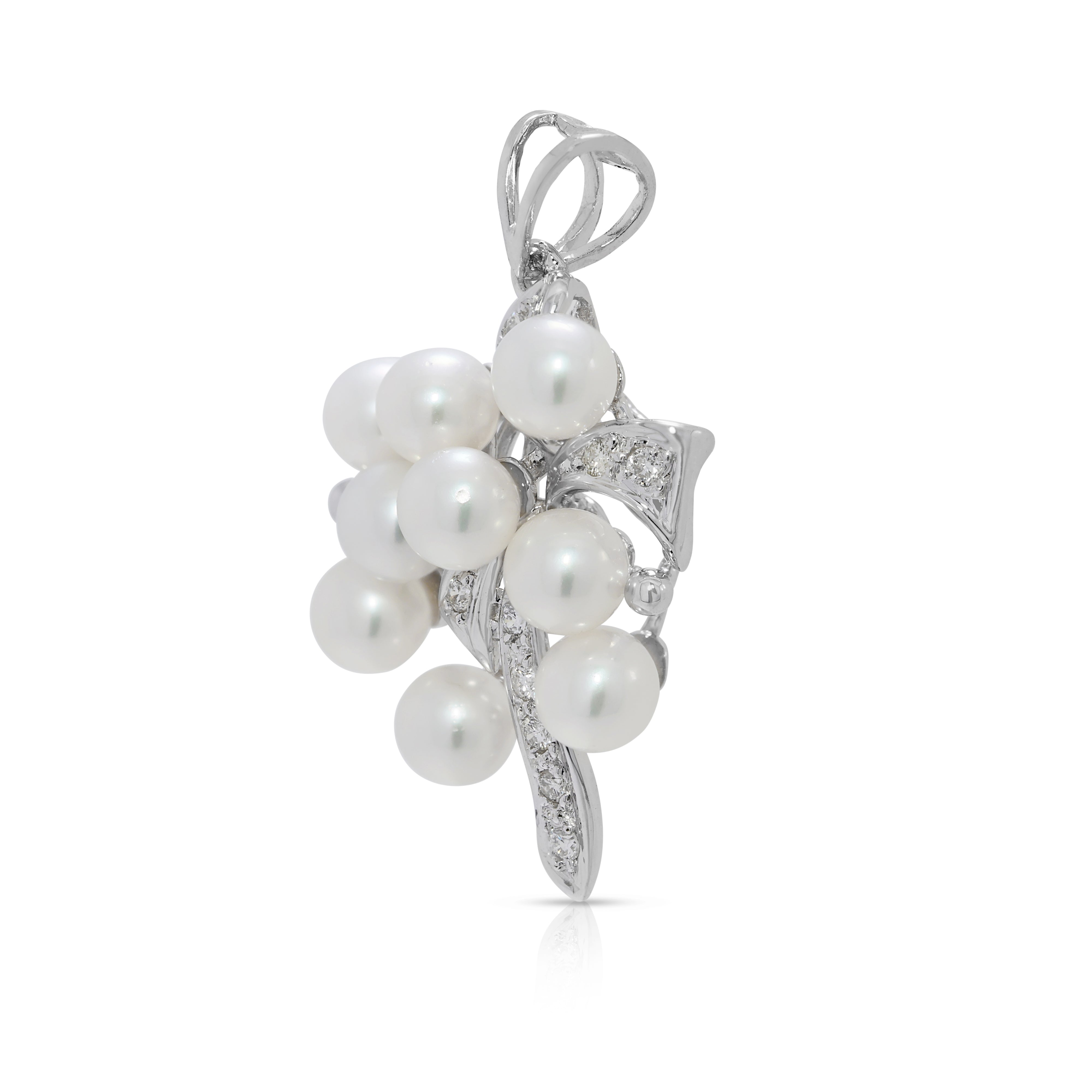 Charming 4mm Akoya Pearl & 0.07ct Natural Diamond Cluster Pendant in 18K White Gold (New)