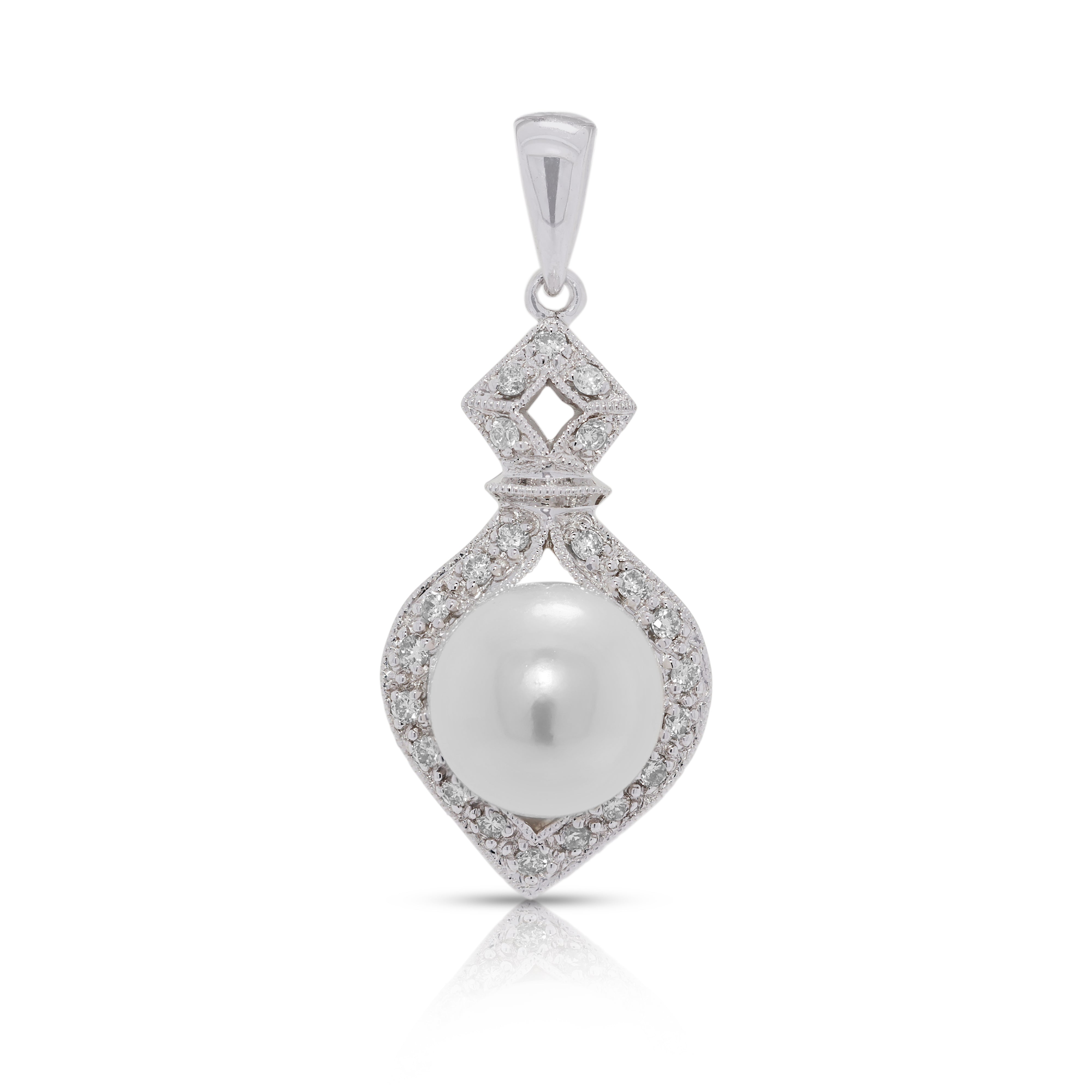 Ornate 8mm Akoya Pearl & 0.17ct Natural Diamond Pendant in 18K White Gold (New)