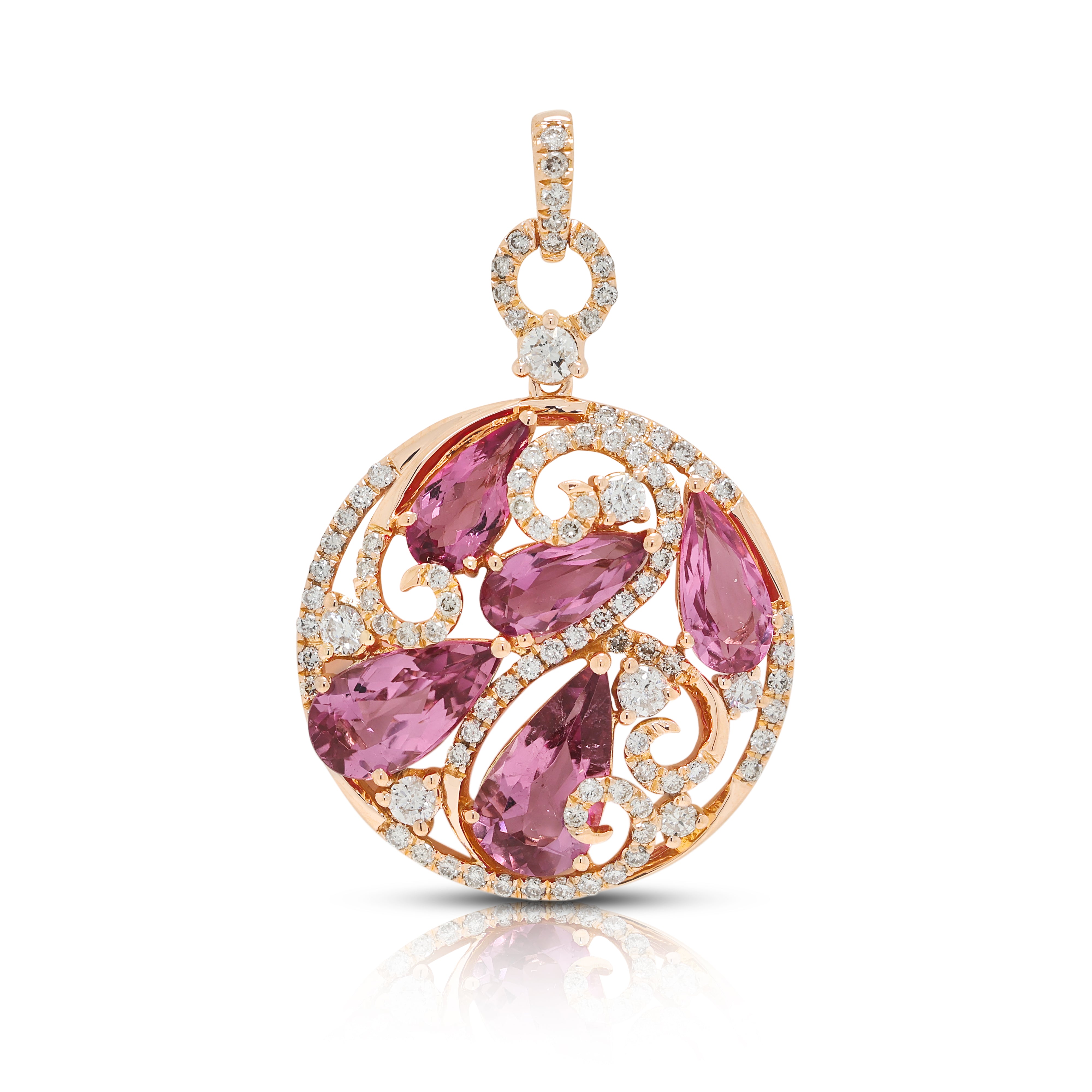 Enchanting 2.40ct Pink Tourmaline and 0.63ct Natural Diamond Swirl Pendant in 18K Rose Gold