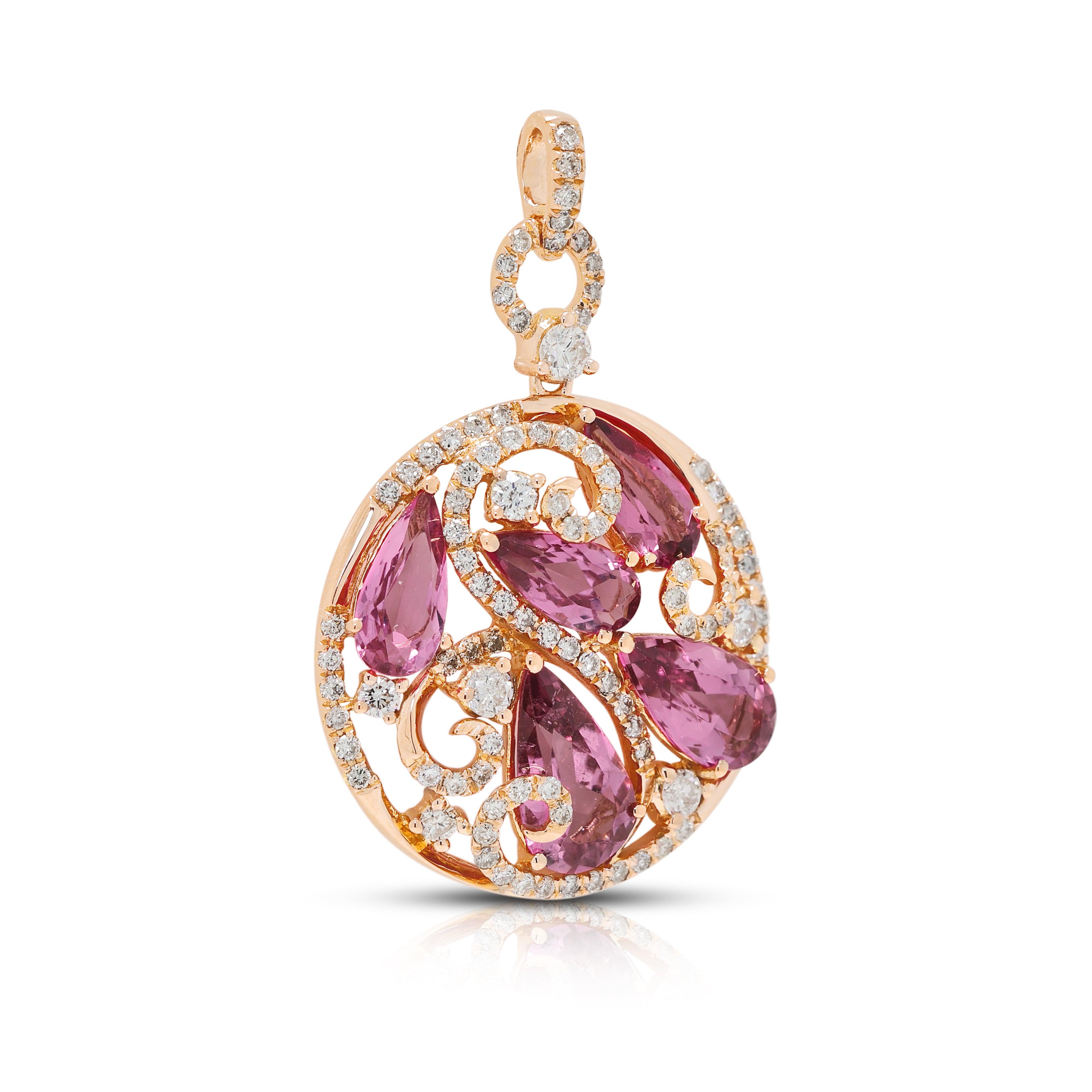Enchanting 2.40ct Pink Tourmaline and 0.63ct Natural Diamond Swirl Pendant in 18K Rose Gold