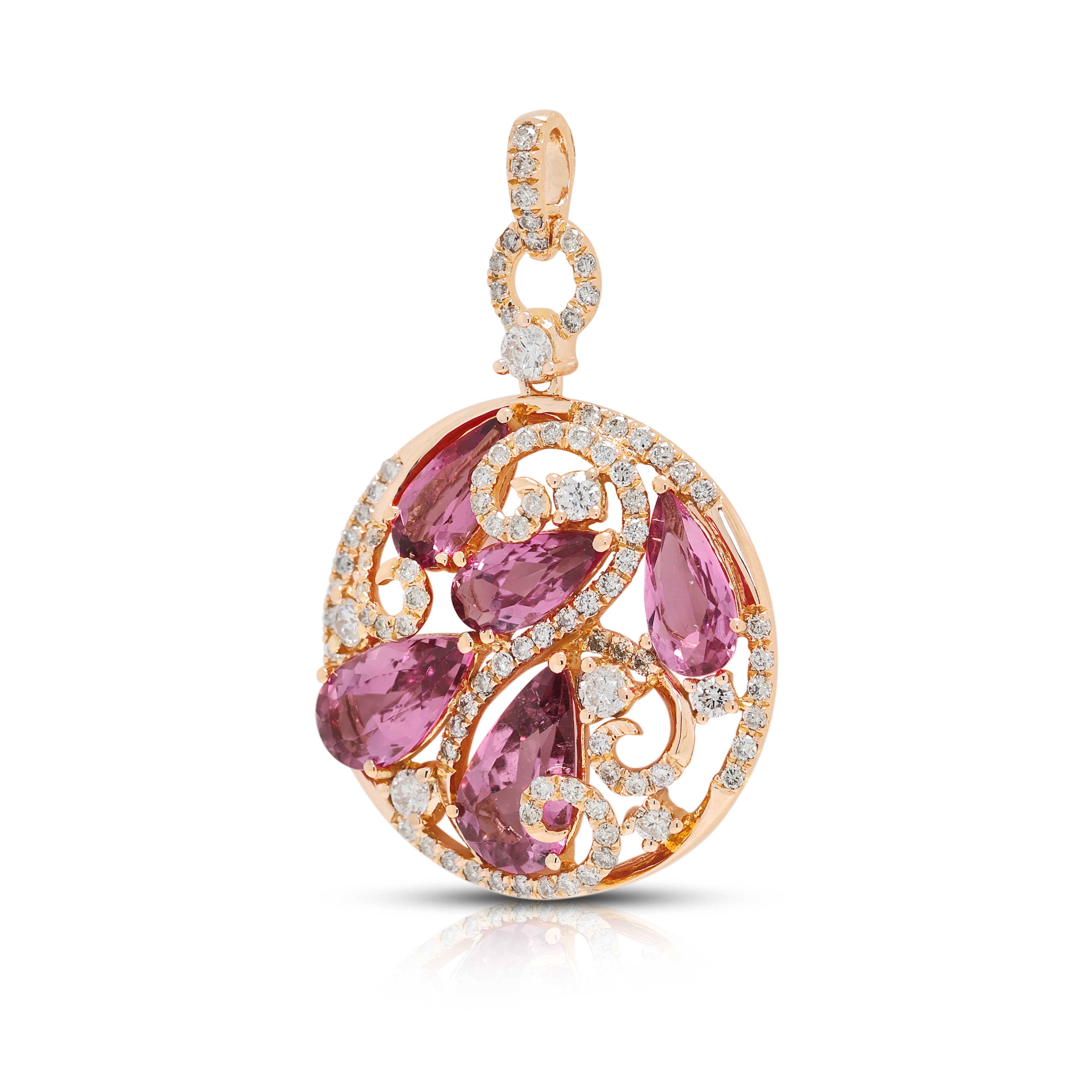 Enchanting 2.40ct Pink Tourmaline and 0.63ct Natural Diamond Swirl Pendant in 18K Rose Gold